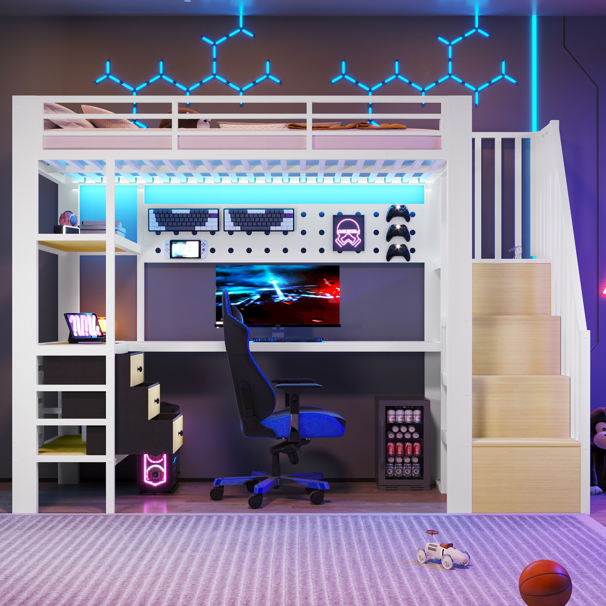 Loft Bed, 90 X 200 Cm, Metal Bed, Storage Area, Drawer, Perforated Wall, Table, Socket, LED Light, Without Mattress, White