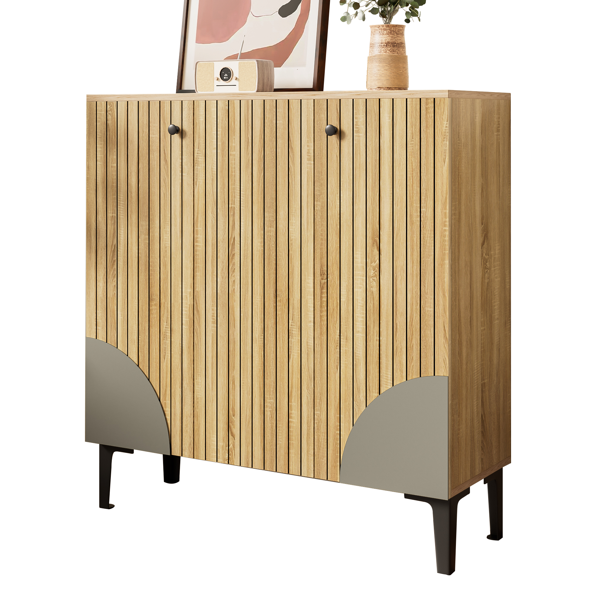 Modern Shoe Cabinet 90x32x94 Cm In Wood Look With Three Doors, Storage Space And Shelf  Light Hallway Cabinet With Black Frame, Vertical Structure & Grey Decoration