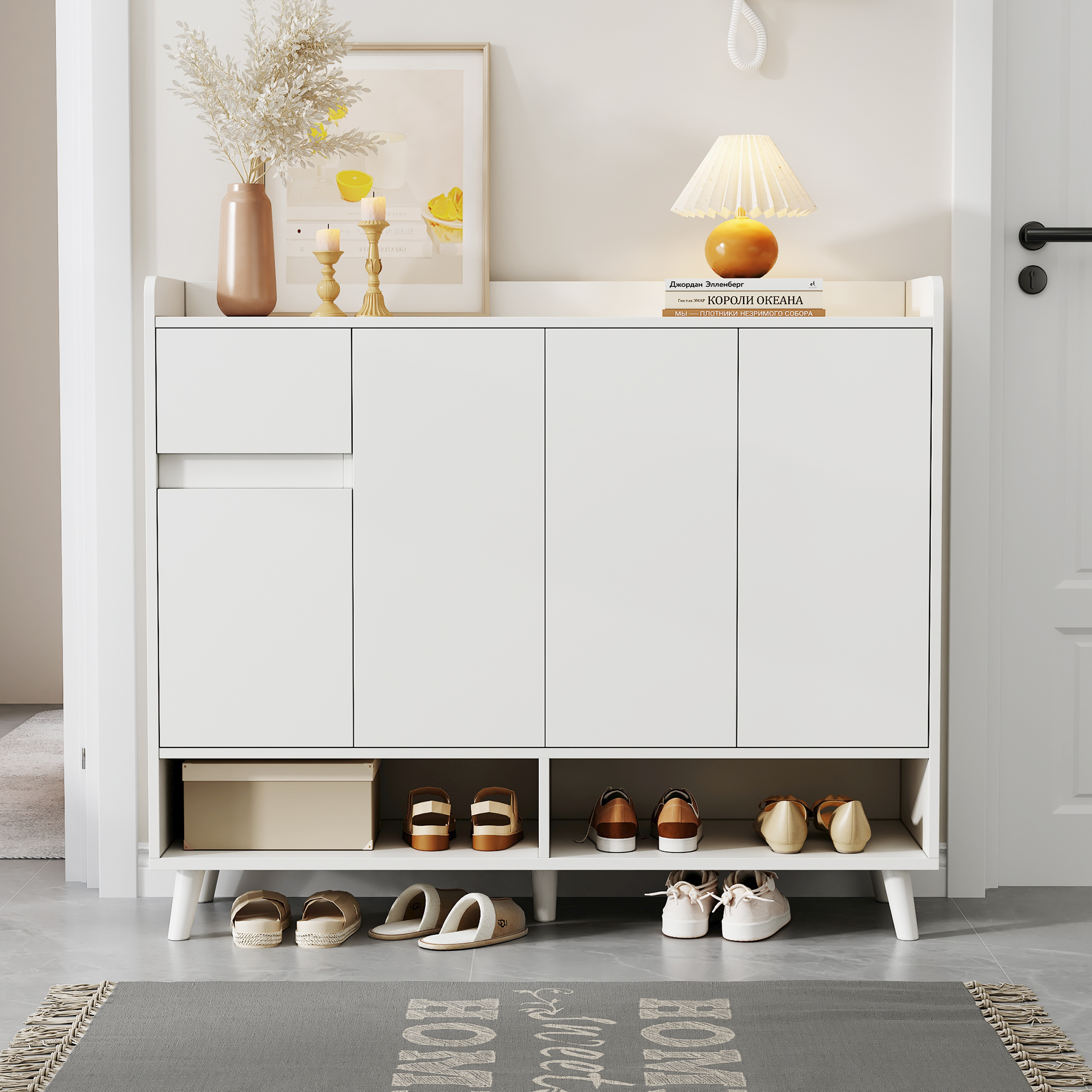 Modern Sideboard Chest Of Drawers Shoe Cabinet With Large Storage Space, 4 Doors And 1 Drawers With An Adjustable Shelf For Dining Room, Living Room Or Kitchen ,White, Dimensions 120X99X35 Cm