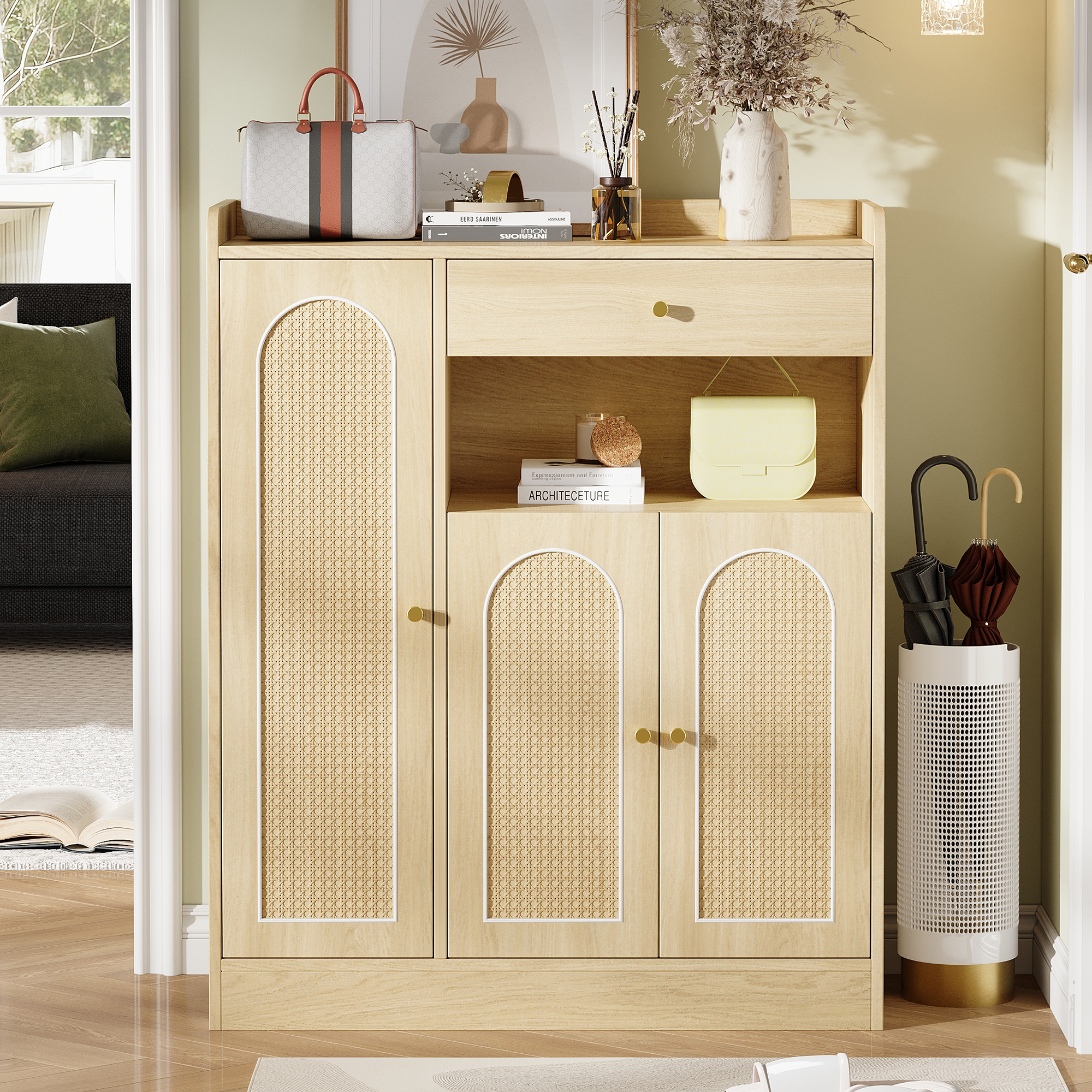 Rattan Shoe Cabinet  Storage Cabinet With Storage Space, 1 Drawer, 3 Doors With Adjustable Shelves, For Entrance Area, Dining Room And Hallway, Natural Colour, Dimensions 90 X 35 X 110 Cm