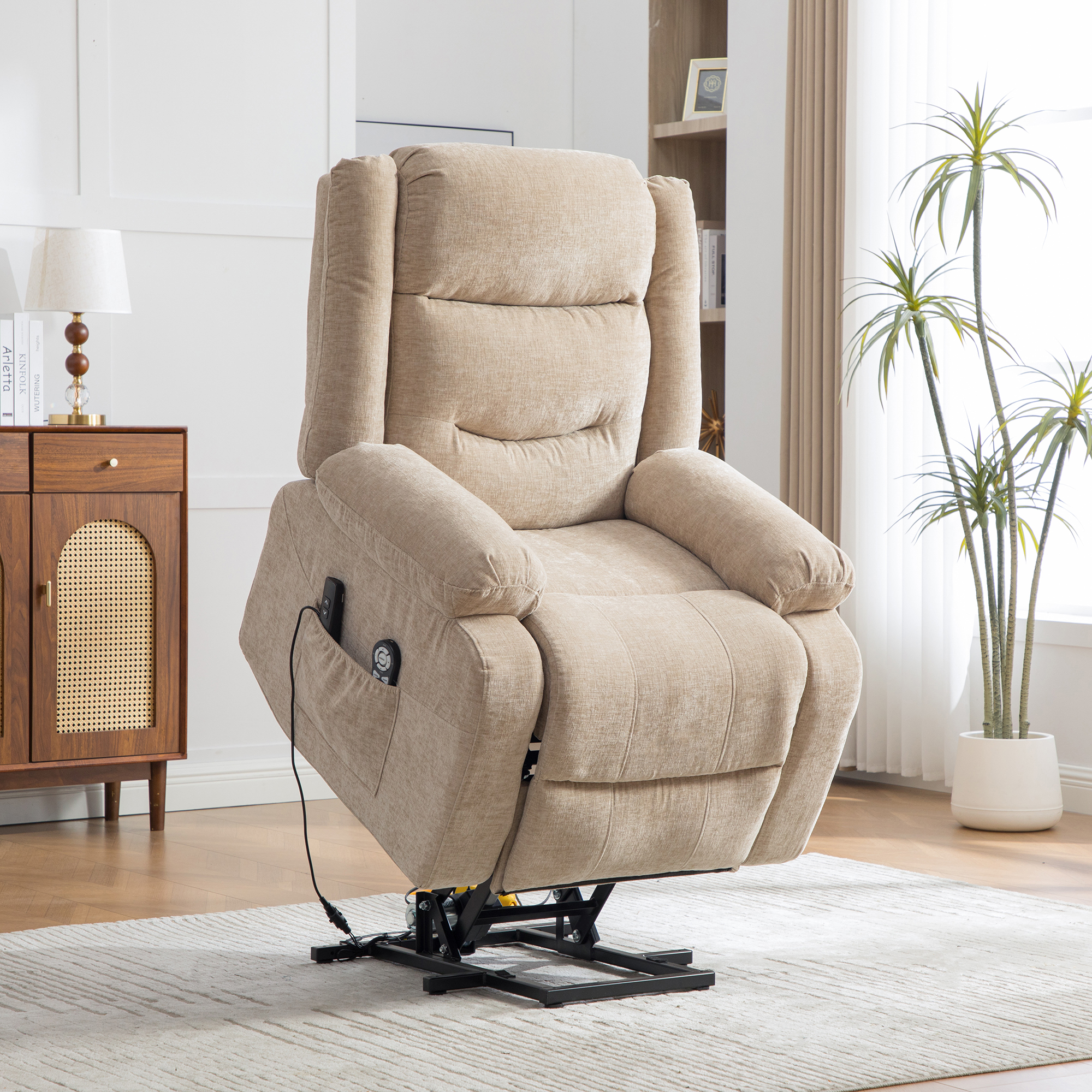 Multifunctional Electric Recliner With Stand-up Aid, Massage And Heat Function, Electrically Adjustable Backrest And Footrest, And Side Storage Pockets.-Light Khaki