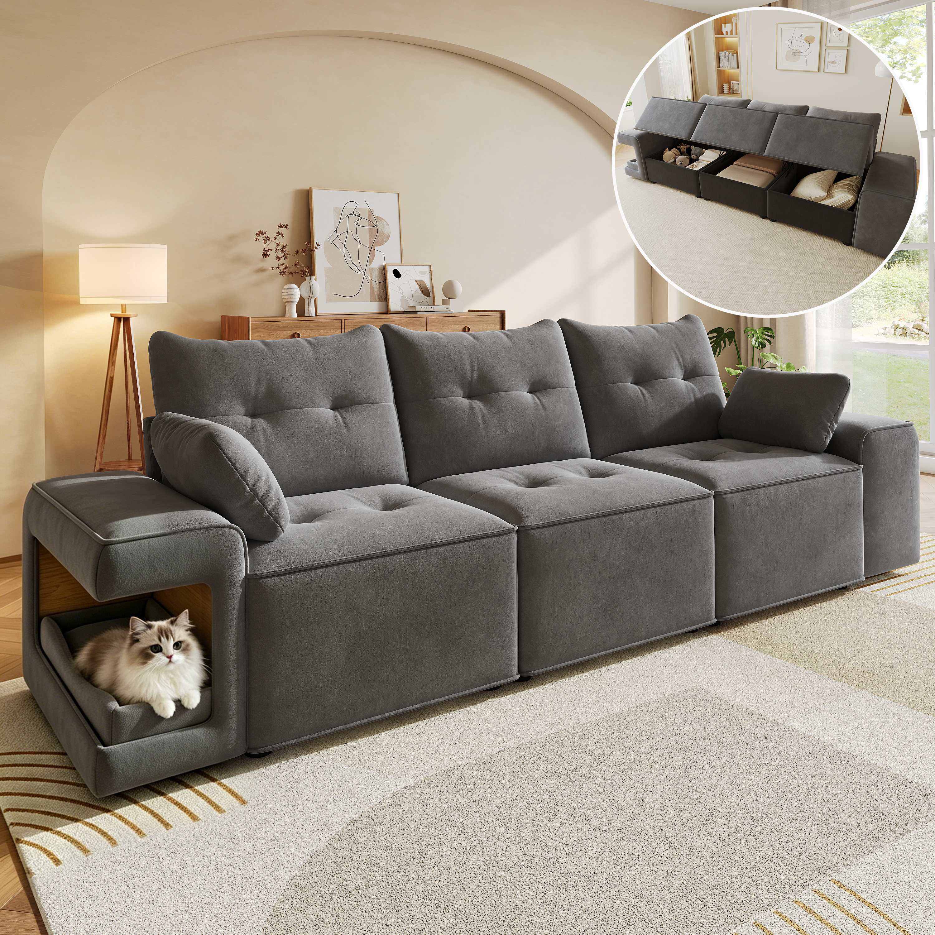 Modern Modular 3-seater Sofa With Wide Armrests, Cloud Sofa, Integrated Storage, Upholstered Pet Area, With Two Cushions   Ideal For Living Rooms And Apartments, Grey.