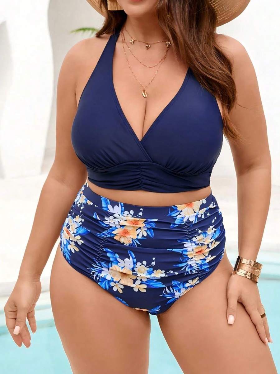 2026 New Plus Size Two Piece Bikini Set - Navy Blue Halter Top & High Waist Floral Bottoms