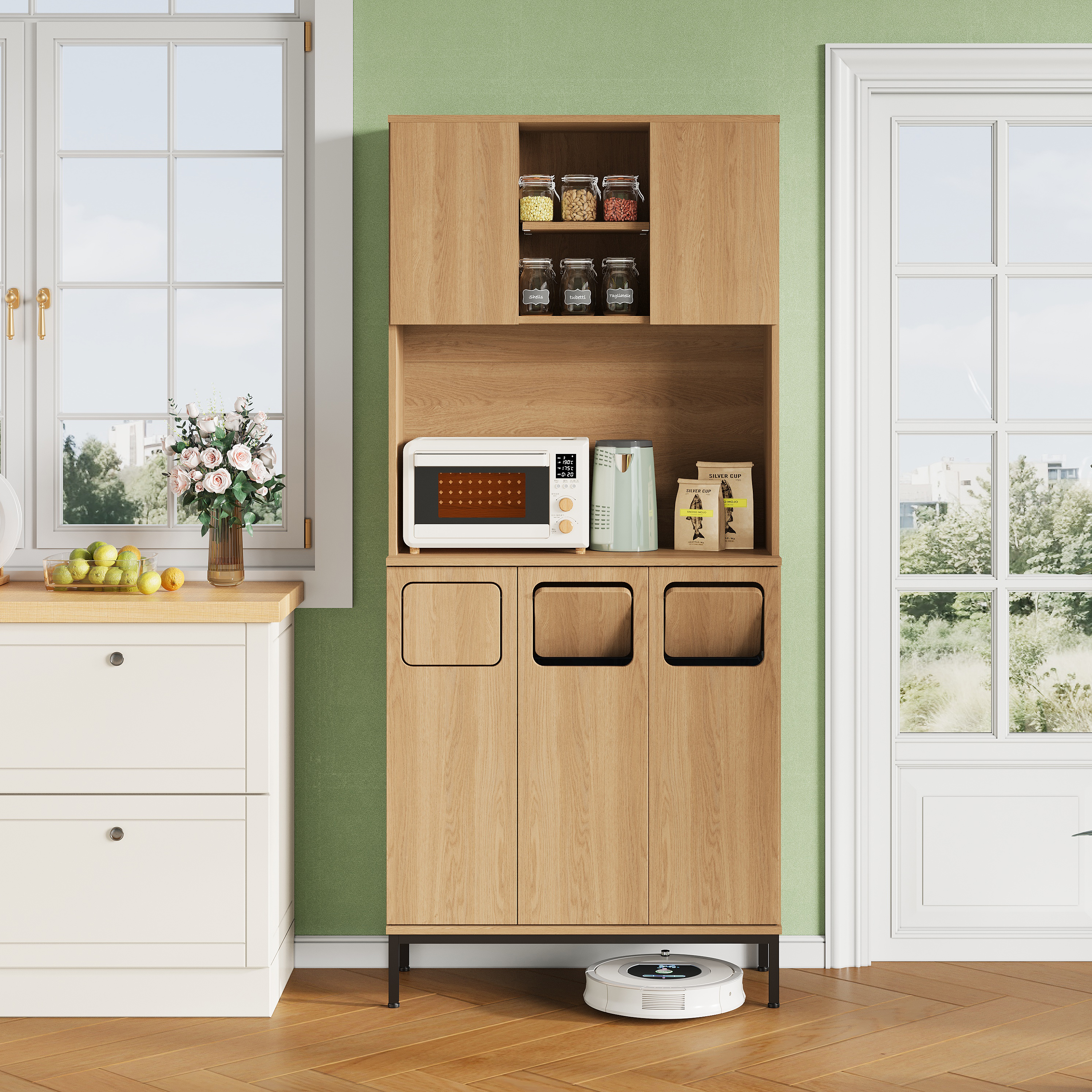 Trash Cabinet, Three-door Kitchen Cabinet With Waste Separation, 181cm Tall Cabinet In Oak Look, 3 Compartments For Waste Sorting, Microwave Shelf & Storage Space For Vacuum Cleaner, 80x35x181cm