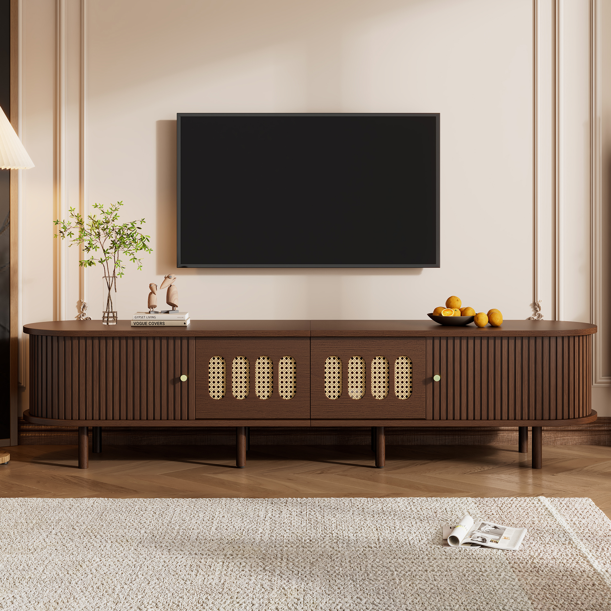 180x40x40cm Oval TV Stand In Dark Walnut, Rattan Design - 180cm MDF Design, 30kg Load Capacity, Features Two Drawers And A Roller Shutter Door Design.TV Cabinet,Lowboards,Living Room Cabinet
