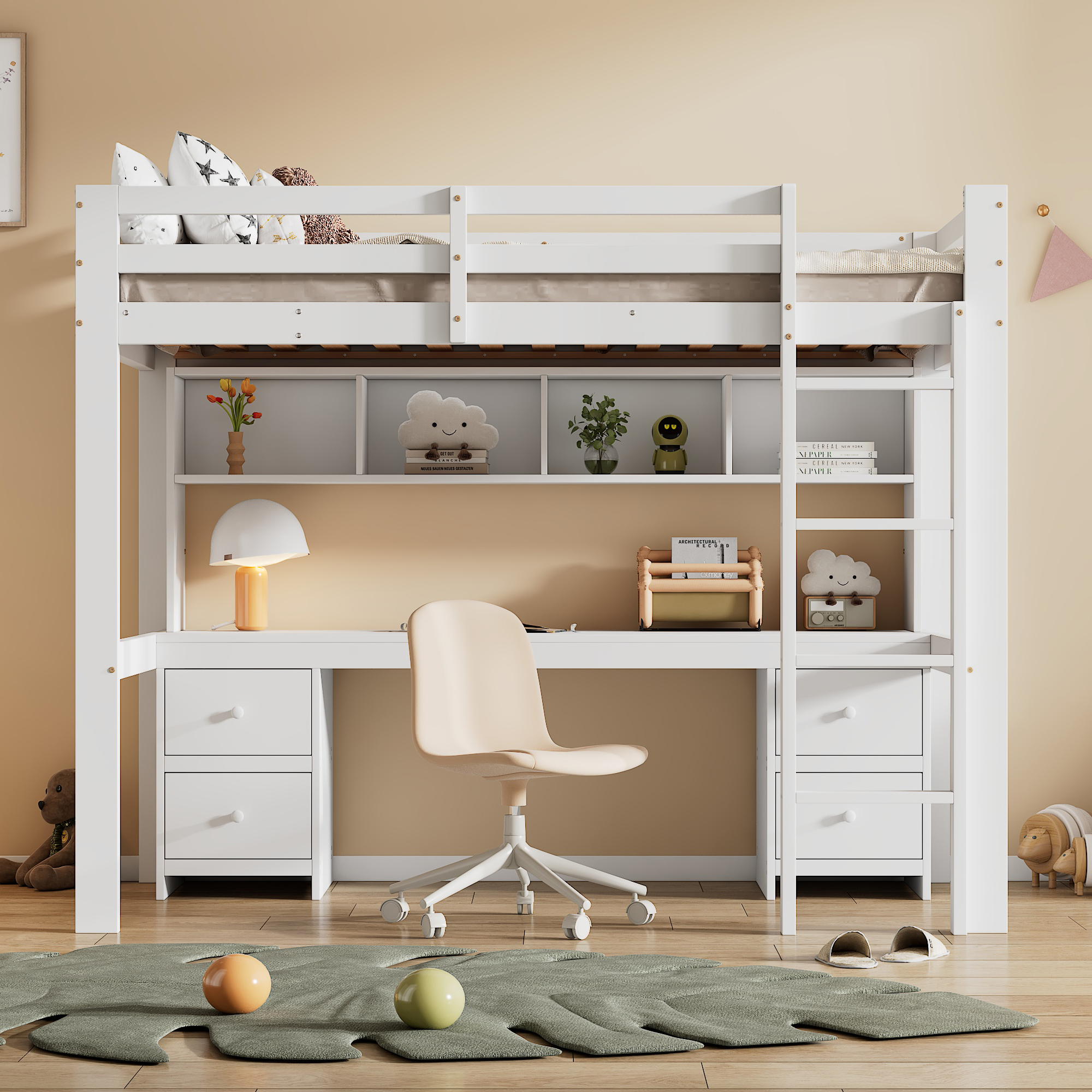 90x200cm Loft Bed, Children's Beds, Top Bed, Bottom Table, Large Storage Space, High Railing, Stable Stairs, White