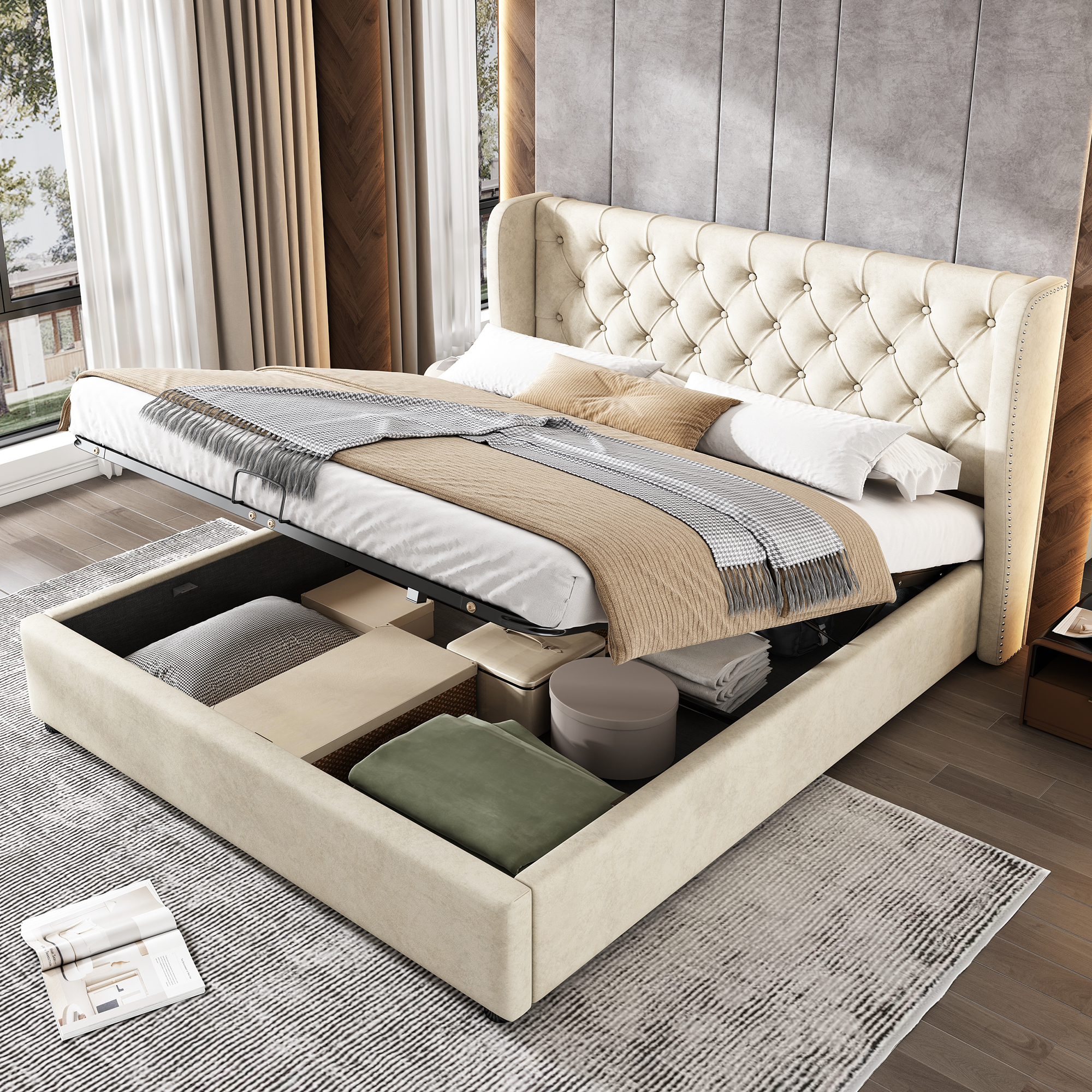 Upholstered Bed Ear Shape Velvet Fabric Large Button Seams Double Bed 140x 200, Hydraulic Functional Bed With Slatted Frame And Storage Space, Bed Box Covered With Dirt-repellent Velvet Fabric, Beige
