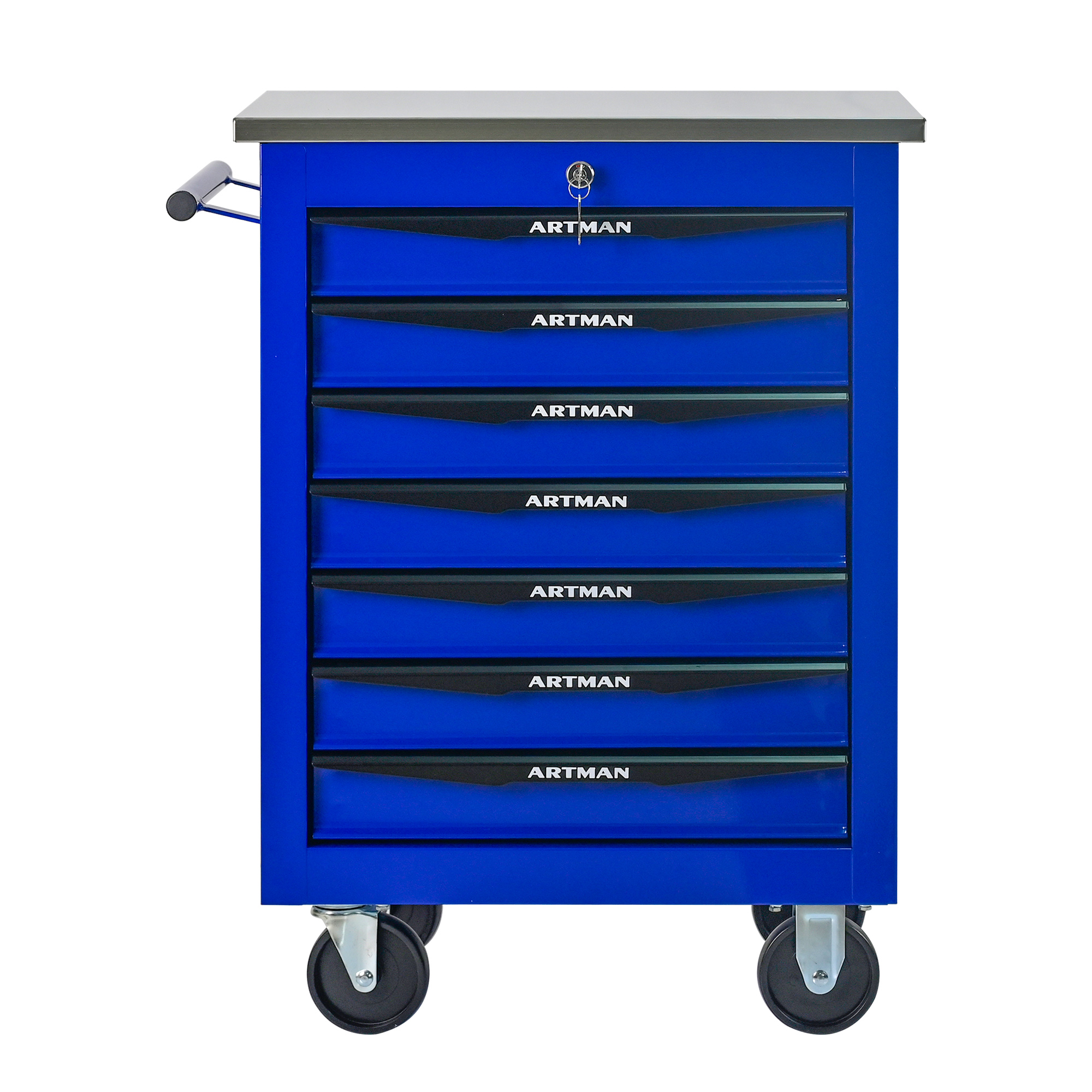 7 Drawers Multifunctional Tool Trolley With Wheels, Metal Rolling Tool Trolley Storage For Garage Workshop Warehouse Repair Shop-with Stainless Steel Roof-Black & Blue BLACK&BLUE