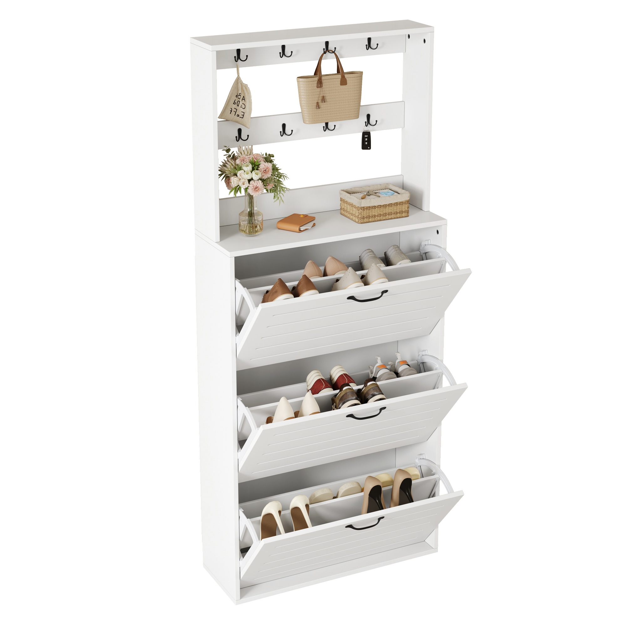 Shoe Cabinet With 3 Doors, Shoe Rack, Shoe Cabinet With Hooks, Storage For Hats, Bags, Can Accommodate 15 Pairs Of Shoes