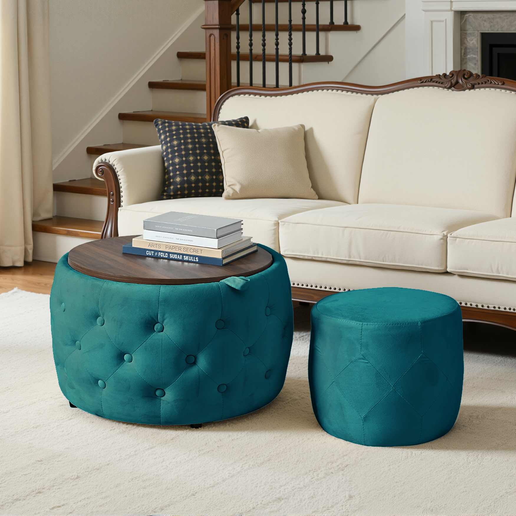 Luxury Set Of 2 Velvet Nesting Stools, 4-in-1 Function, Round Storage Footstool With Wooden Shelf, No Setup Required, Blue  58cm X 58cm X 38cm