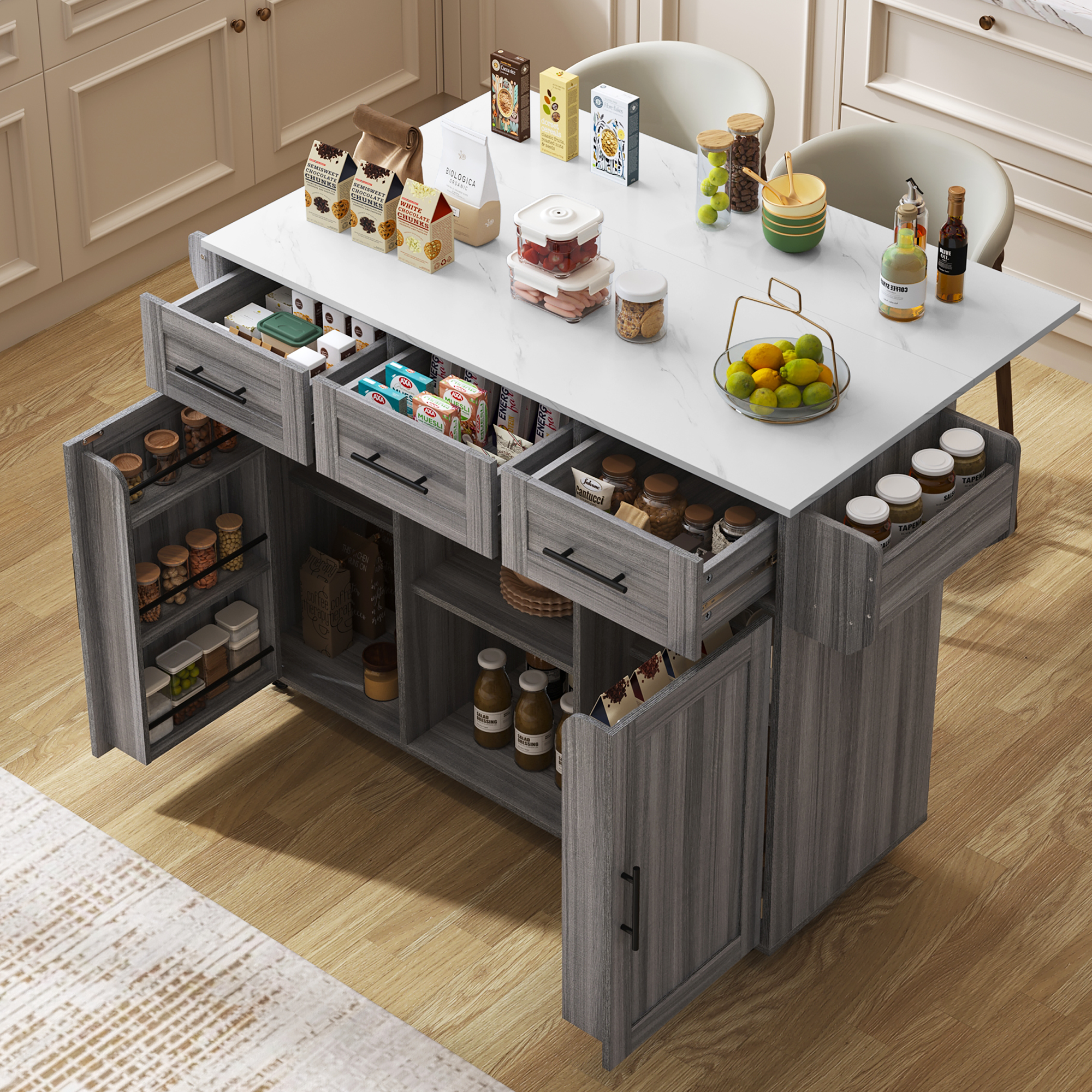 139x46 X91.5 Cm Trolley Side Cabinet, Grey Solid Wood Veneer For The Body  White Marble Veneer Decoration For The Worktop, Cabinet Folding Work Surface Storage Doors R