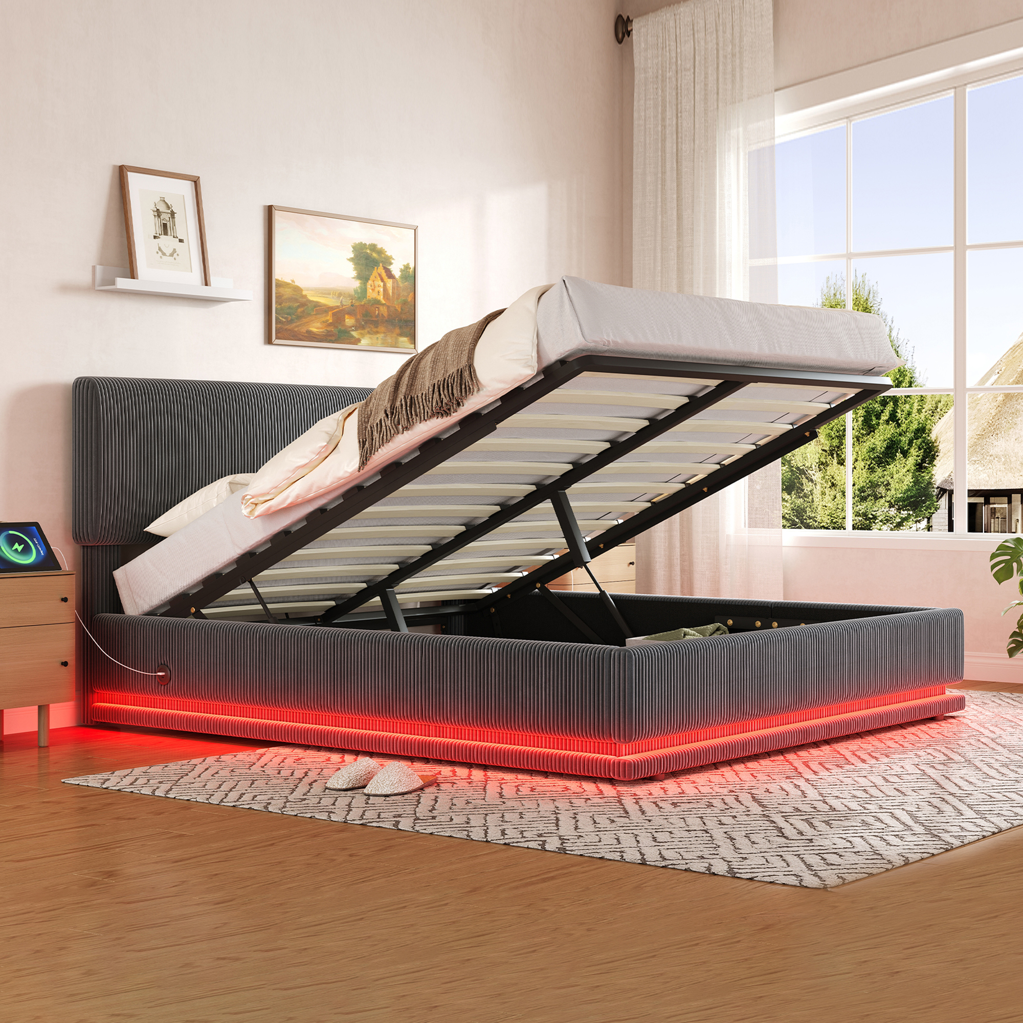 Modern Upholstered Beds With LED Lighting And USB-C Charging Function, Height-adjustable Headboard, Corduroy Fabric, Sturdy Slatted Frame, Large Underblanket Storage Space And Comfortable Upholstered