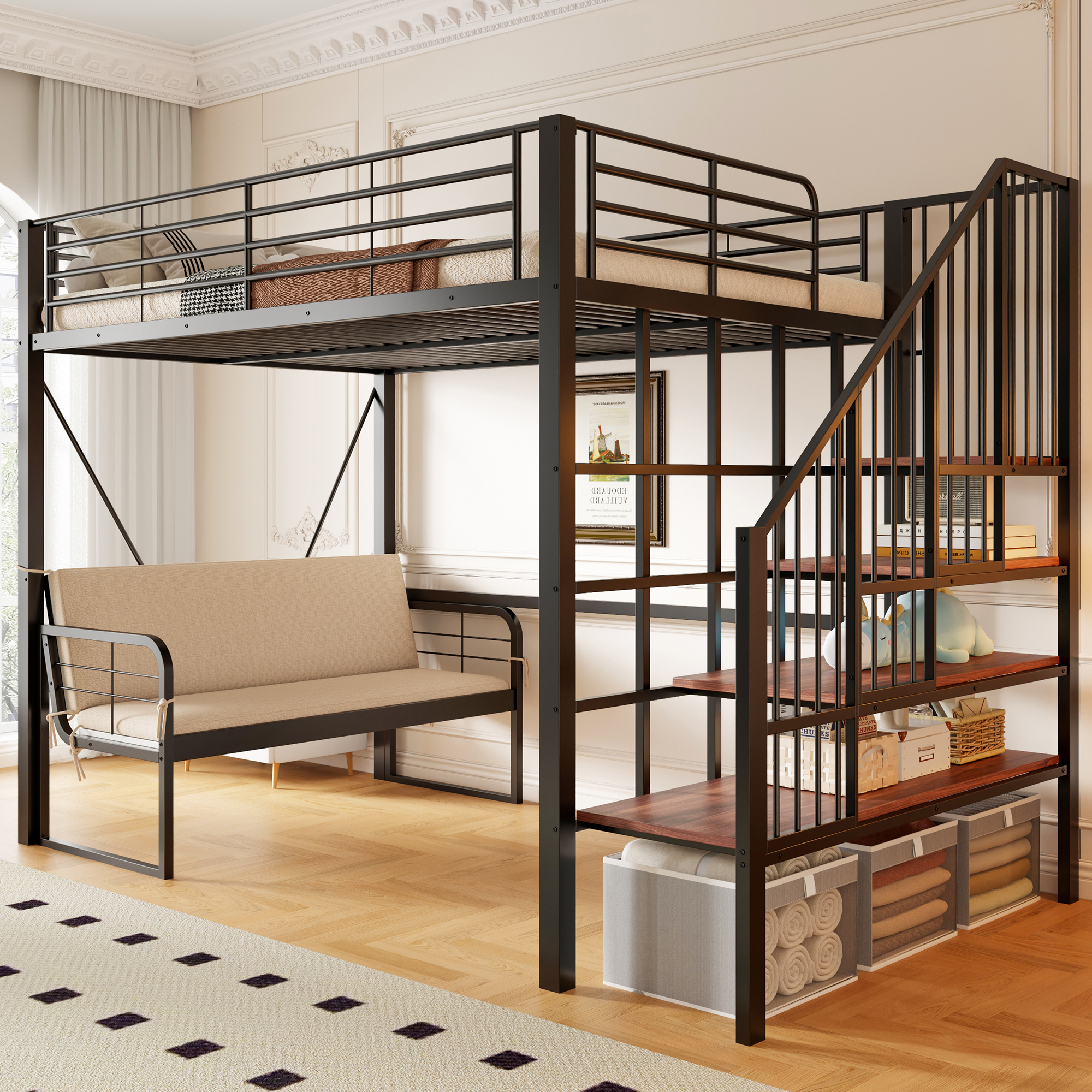 Bunk Bed  140 X 200  With Sturdy Metal Frame, Loft Bed With Removable Upholstered Sofa, Storage Space And Safety Stairs. Suitable For Children, Teenagers And Adults Black.