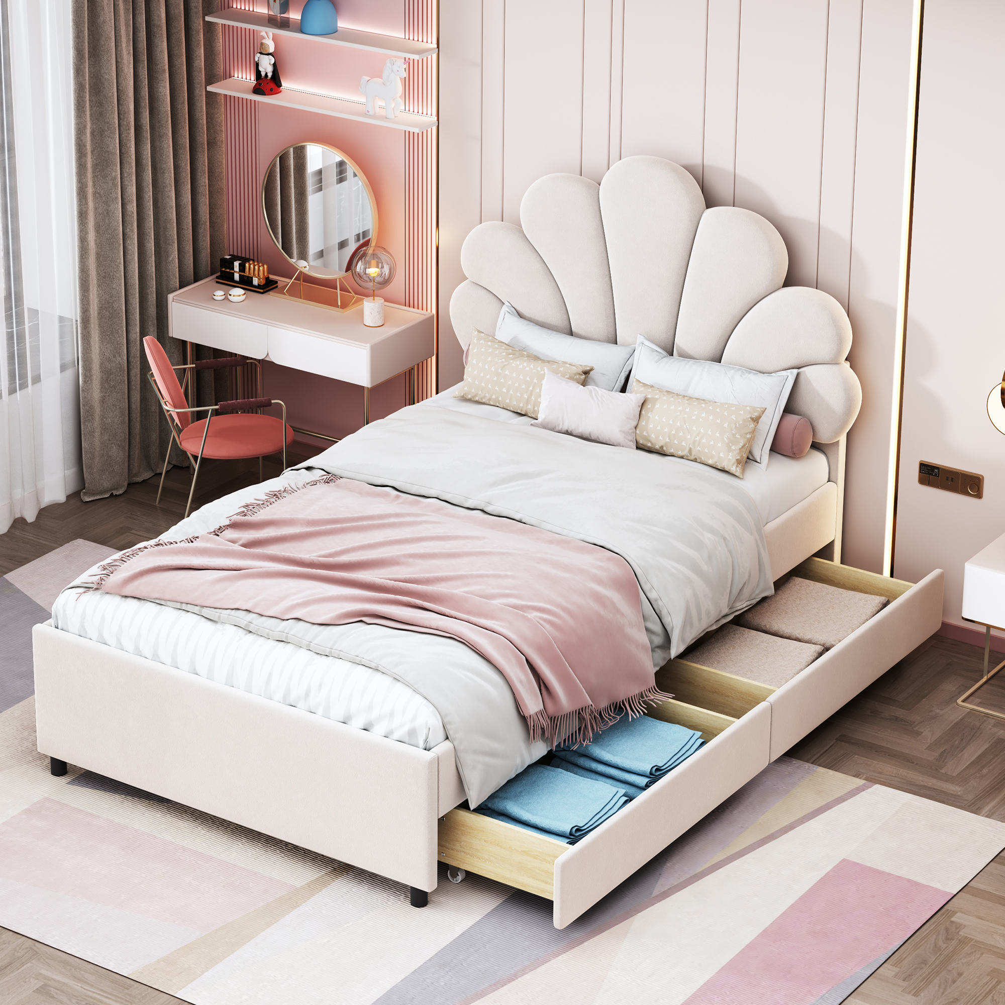 Upholstered Bed Children's Bed 90 X 200 Cm, Bed Frame With Floral Headboard And Slatted Frame, With 2 Storage Compartments, Girl's Bed Guest Bed Made Of Skin-friendly Velvet Fabric, Beige