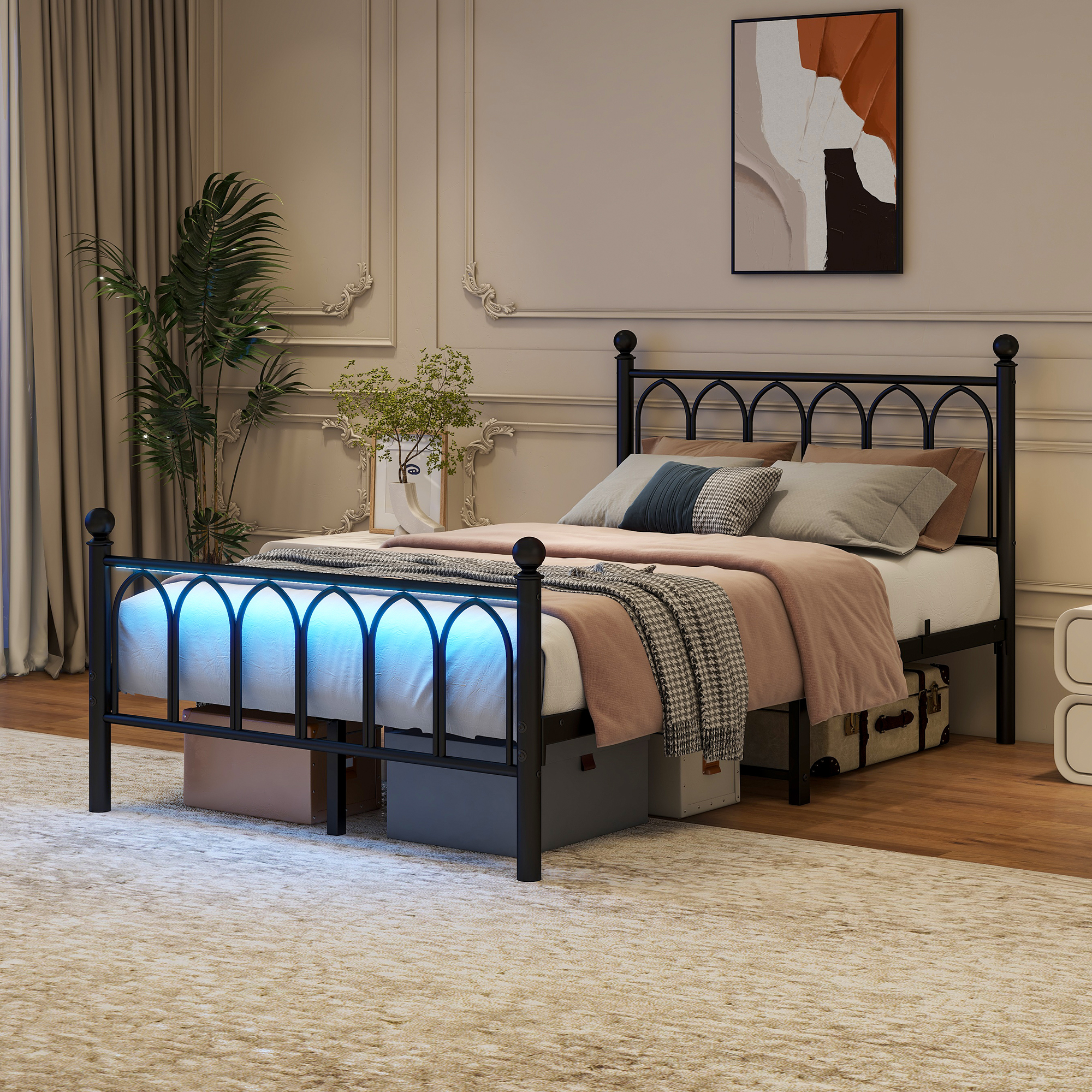120x200cm Metal Bed Frame With Vintage Head And Footplate, USB Charging Station, LED Bed Frame, Heavy Duty Steel Slat Support, Range Underbed Storage, No Box Spring Required, Black