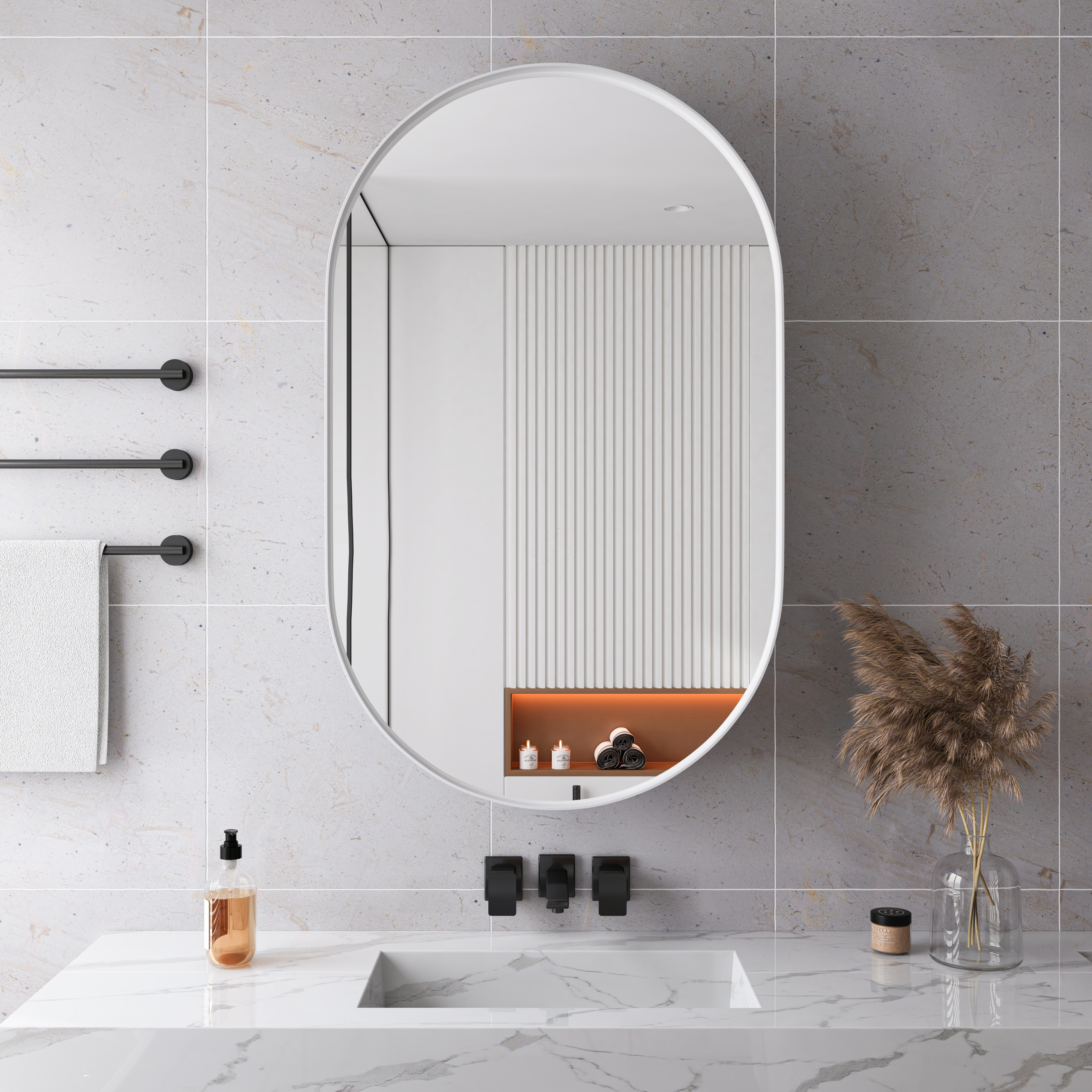Stylish Oval Mirror Cabinet, Recessed Medicine Cabinet, Wall Cabinet With Metal Framed, Mirror And Adjustable Shelves, Mirror Cabinet With Storage For Bathroom, Living Room And Bedroom, White