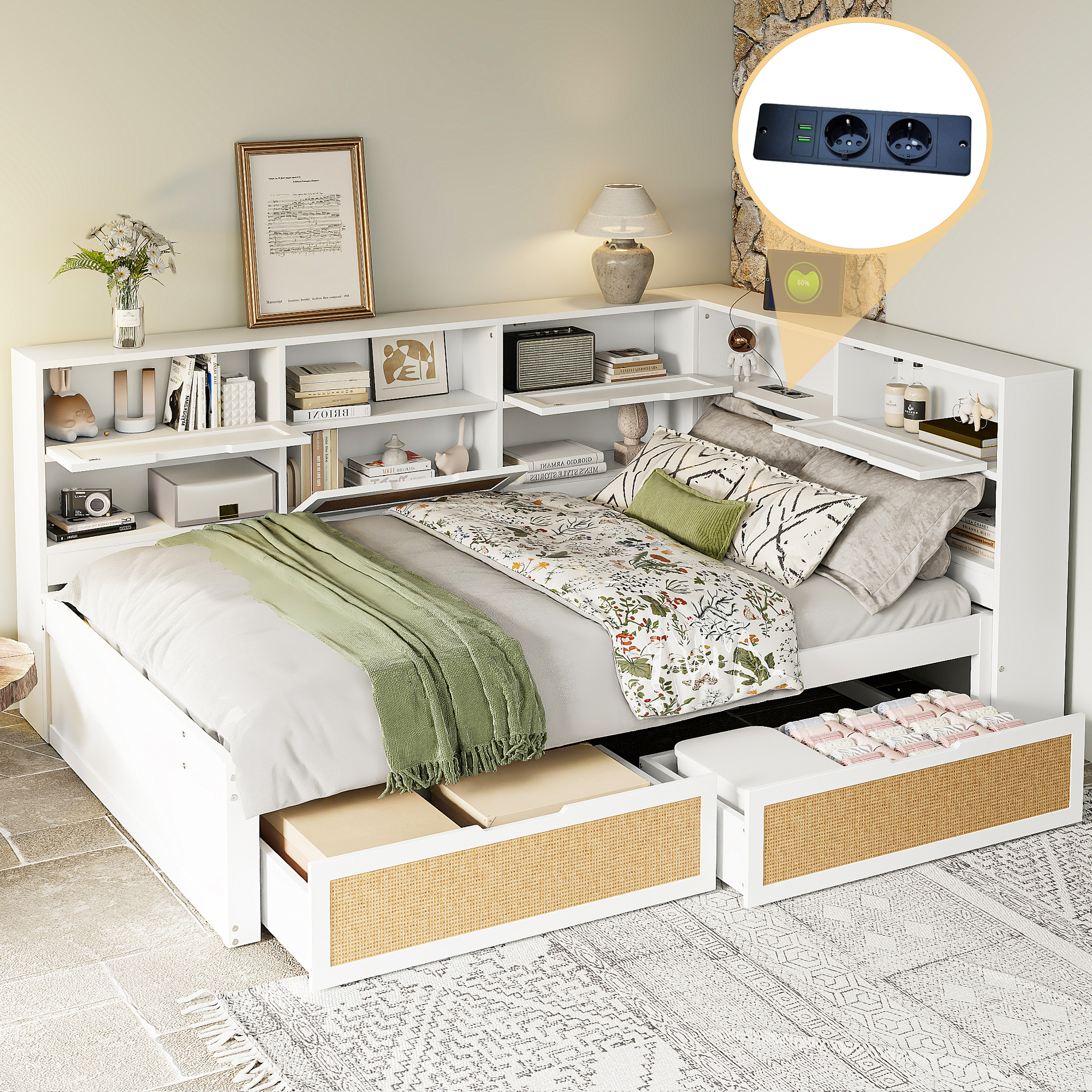 Solid Wood Sofa Bed 140x200 With Drawer Multifunctional Single Bed Cot With Many Storage Compartments And Charging Port White