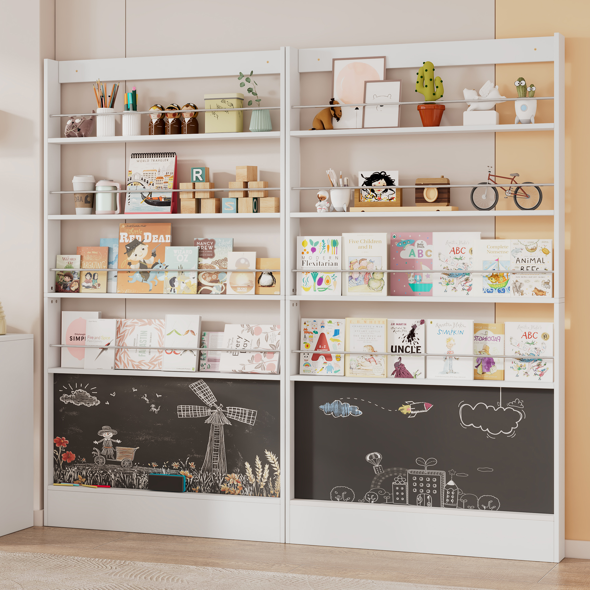 Picture Book Shelf, Hinged Shelf, Set Of 2 Bookshelves, Children's Room Bookcase, 4-Tier Storage Shelf  Paintable Black Board, Anti-Tilt Save Space, Bookcase Behind The Door, 200x10x180cm