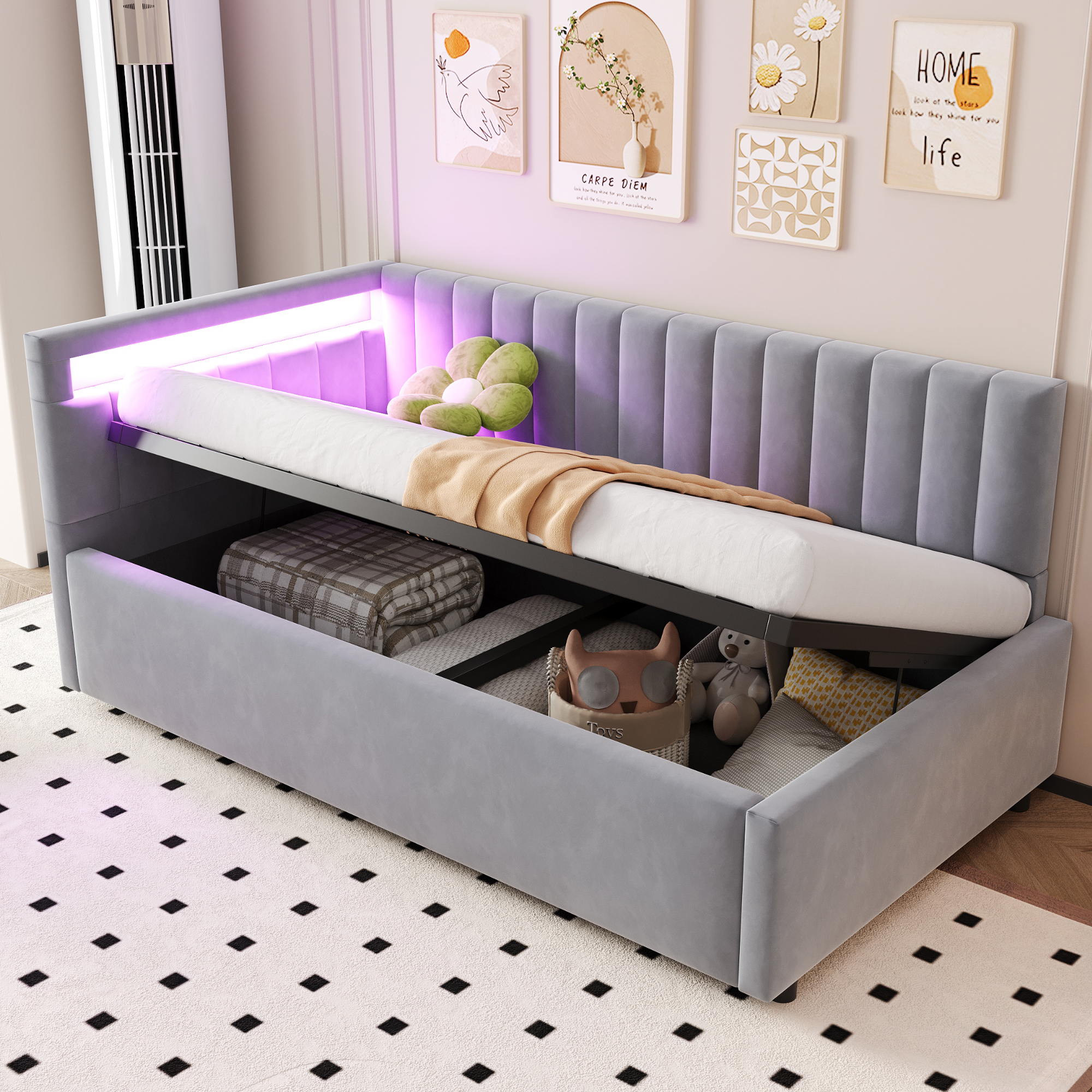 Upholstered Bed Sofa Bed 90x200, With LED Lighting And Hydraulic Storage, Classic Vertical Stripe Design, Side Headboards With Interchangeable Positions, Slatted Base, Velvet Fabric, Light Grey