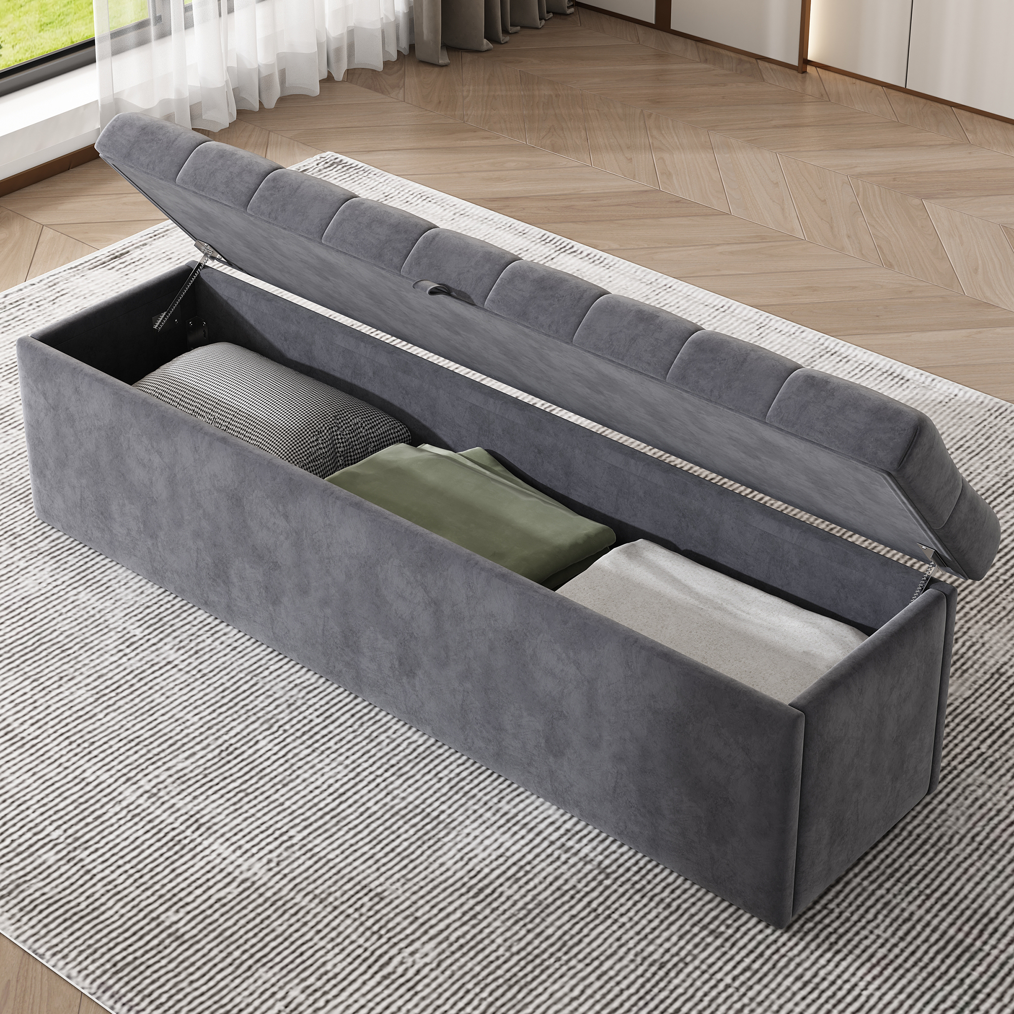 Velours, banc rembourré, tabouret de lit, banc avec rangement, gris 138