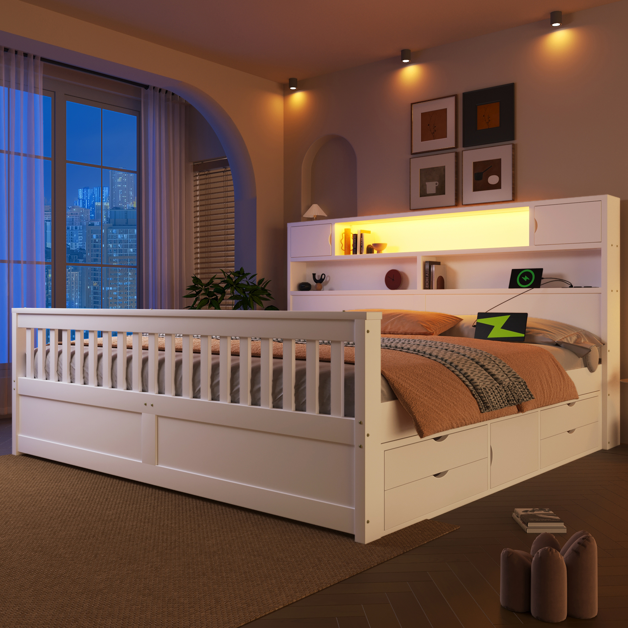 Platform Bed Frame  180 X 200 Cm With Storage Shelves And Shelves, LED Lighting, USB And Four Drawers, White