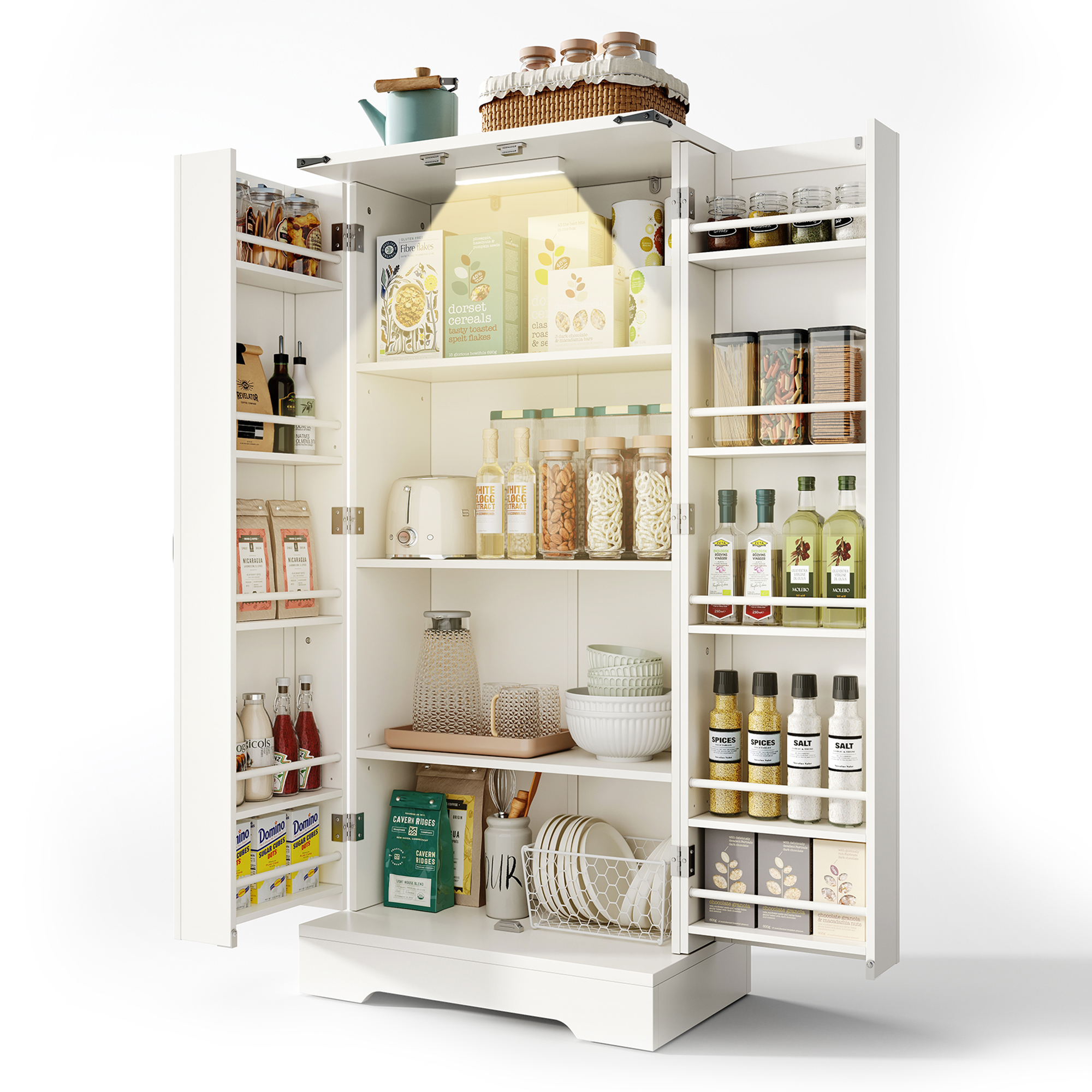 128.5cm Kitchen Cabinet, Farmhouse Storage Cabinet - LED Pantry Cabinet With 2 Hinged Doors And Adjustable Shelves For Small Spaces In The Dining Room Or Living Room, White Gravure Structure