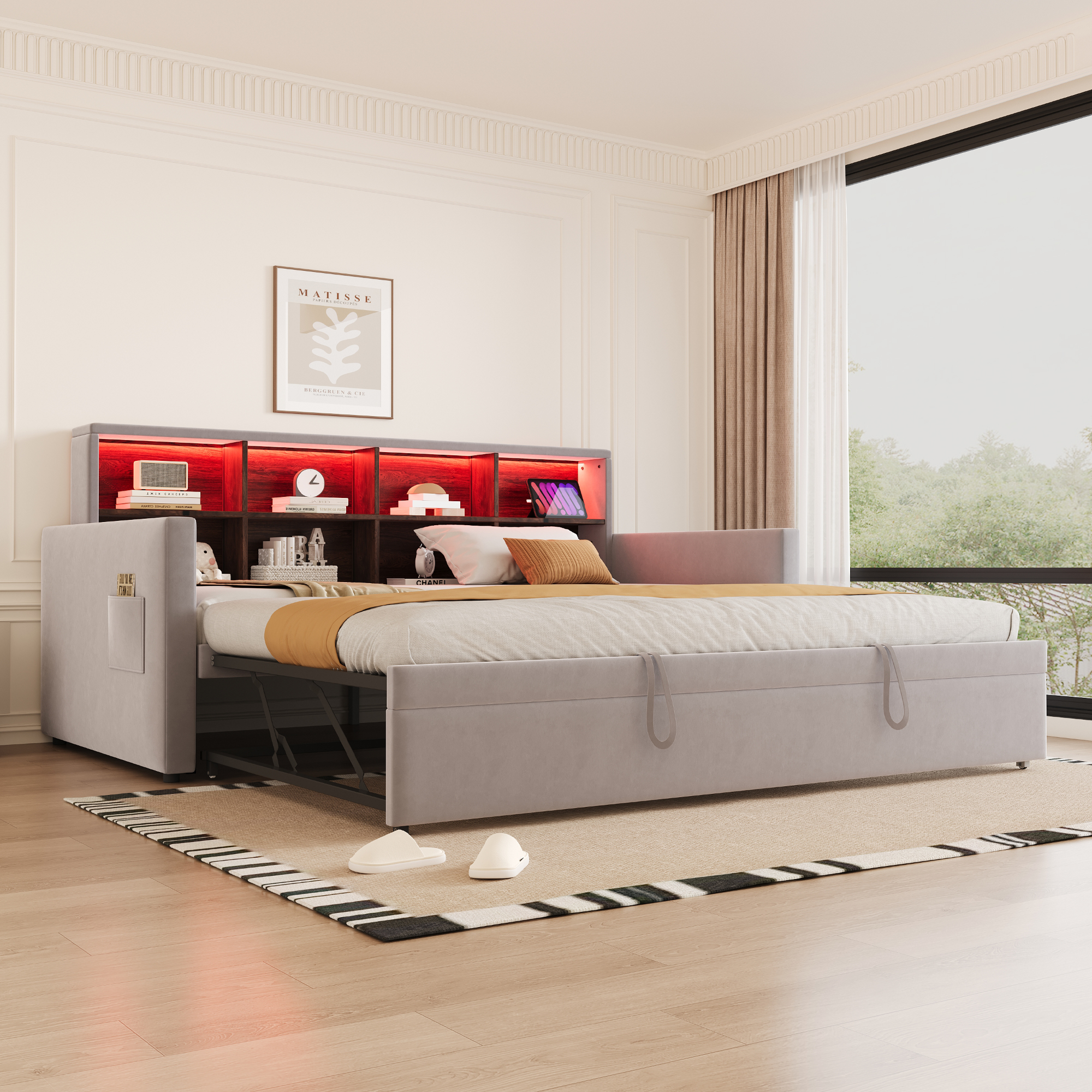 Upholstered Bed Sofa Bed 90x190cm, Headboard With Integrated Storage Compartments, LED Light Strip And Charging Sockets, With Pull-out Bed, Velvet Upholstery, Light Grey