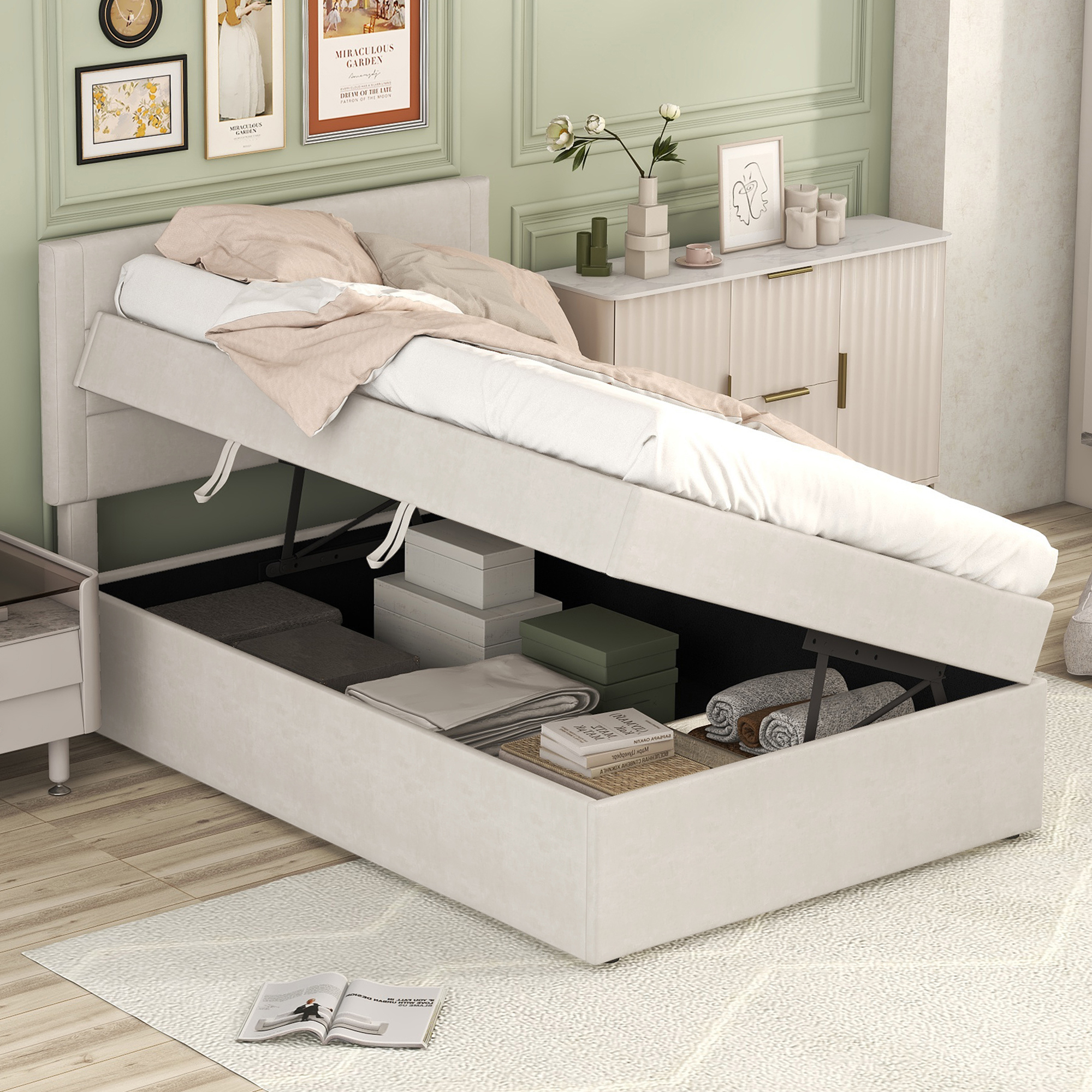 Upholstered Bed, 90 X 200, Single Bed With Metal Frame Slatted Base, Large Storage Space, Without Mattress, Beige, 200x90cm.
