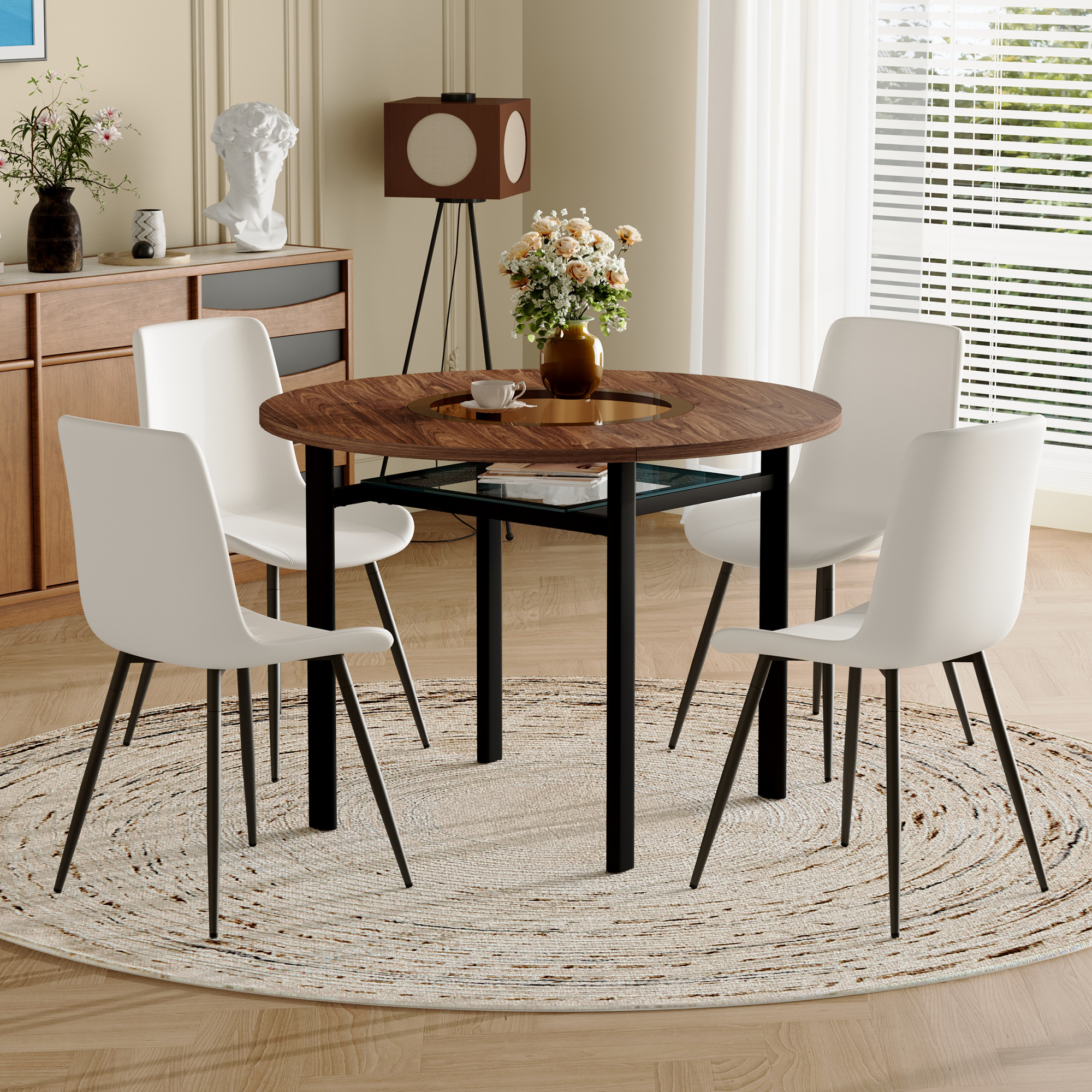 Modern Minimalist Round Table Set  With Integrated Storage Compartment And 4 White Armchairs Made Of PU Material , Round Table With A Diameter Of 100 Cm In Brown Wood Look, Suitable For Dining Room &