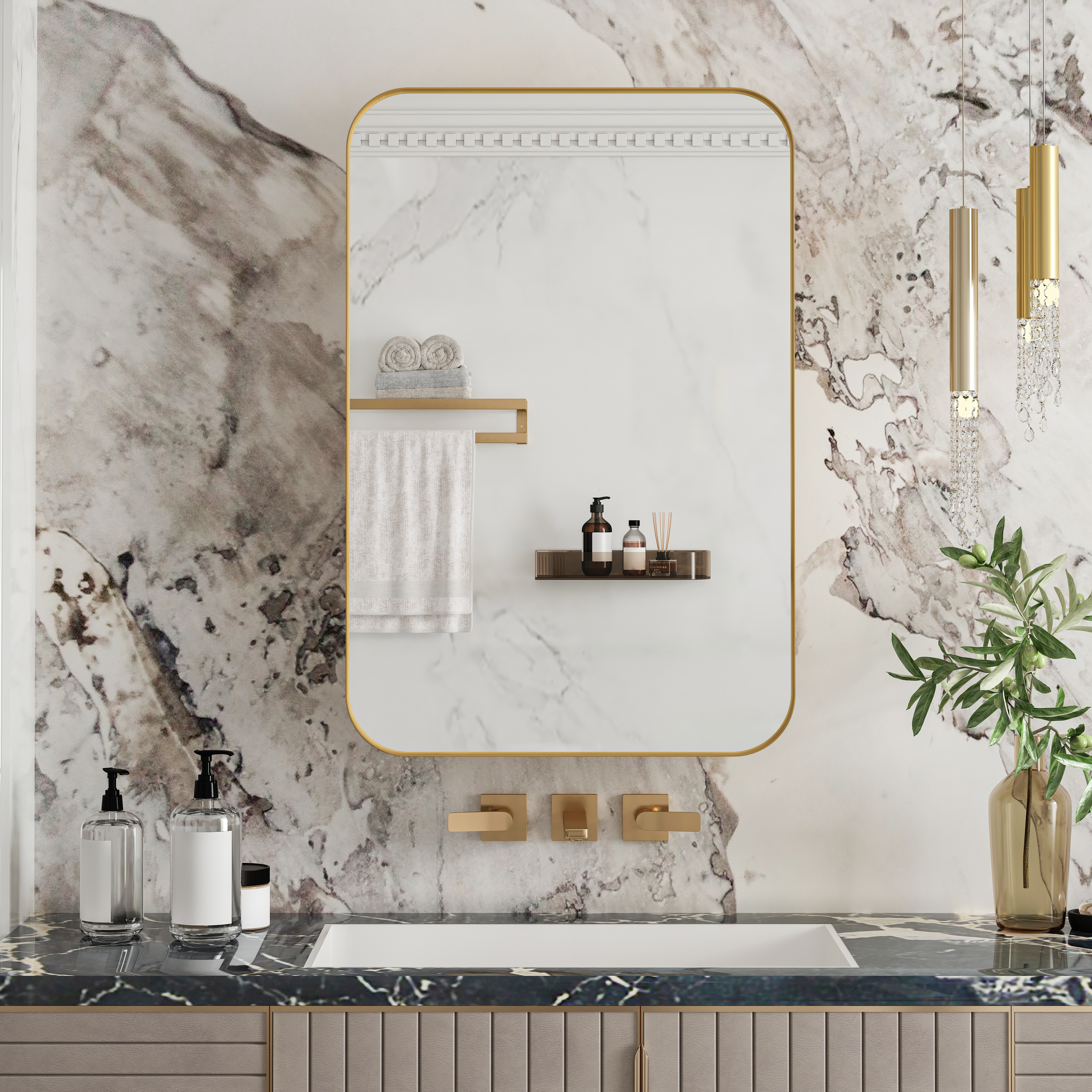 Stylish Rectangle Mirror Cabinet, Recessed Medicine Cabinet, Wall Cabinet With Metal Framed, Mirror And Adjustable Shelves, Mirror Cabinet With Storage For Bathroom, Living Room And Bedroom, Gold