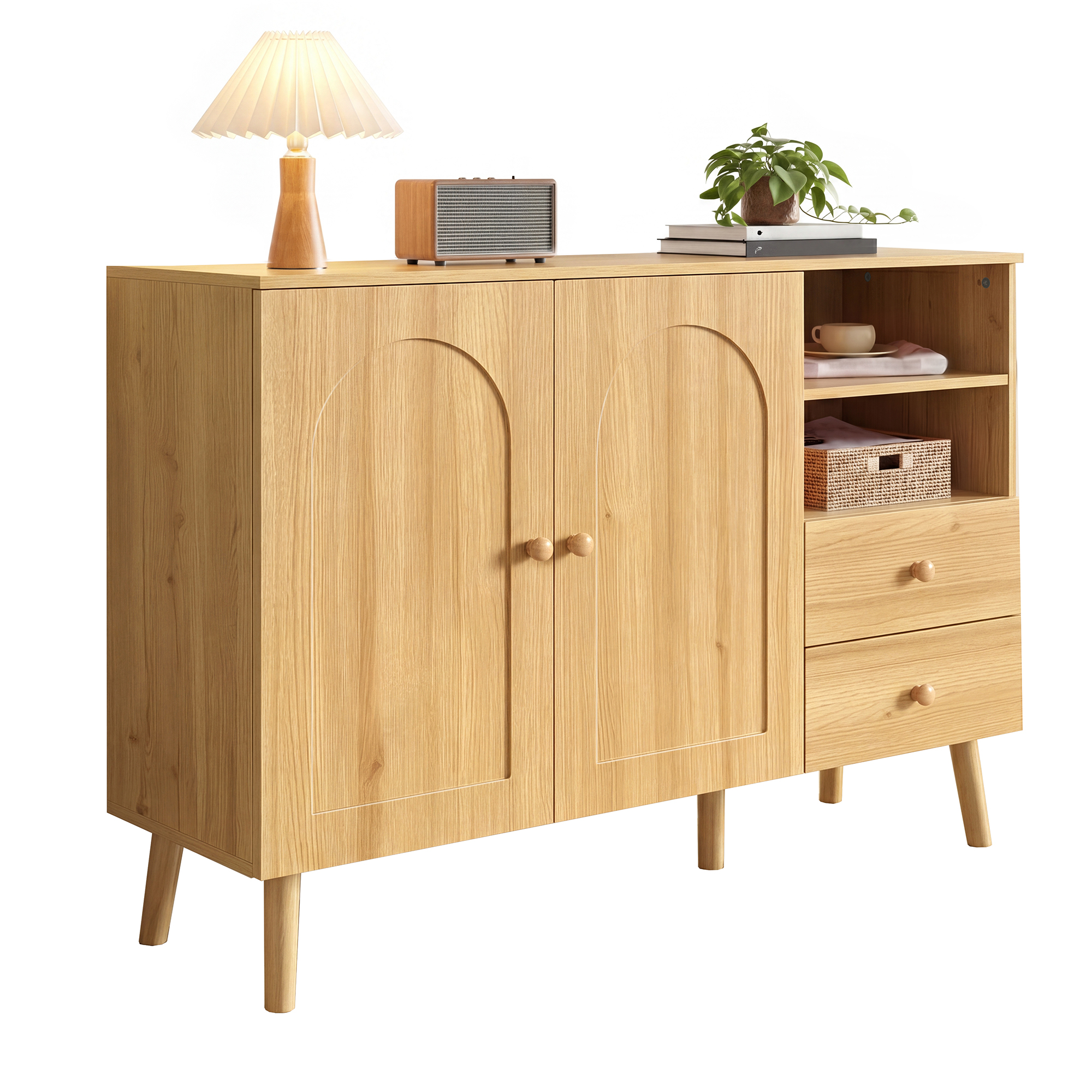 Sideboard, Arched Doors, Wooden Handles, Wooden Feet, With 2 Doors, 2 Drawers And 2 Open Compartment, Multiple Storage, For Living Room Dining Room Hallway