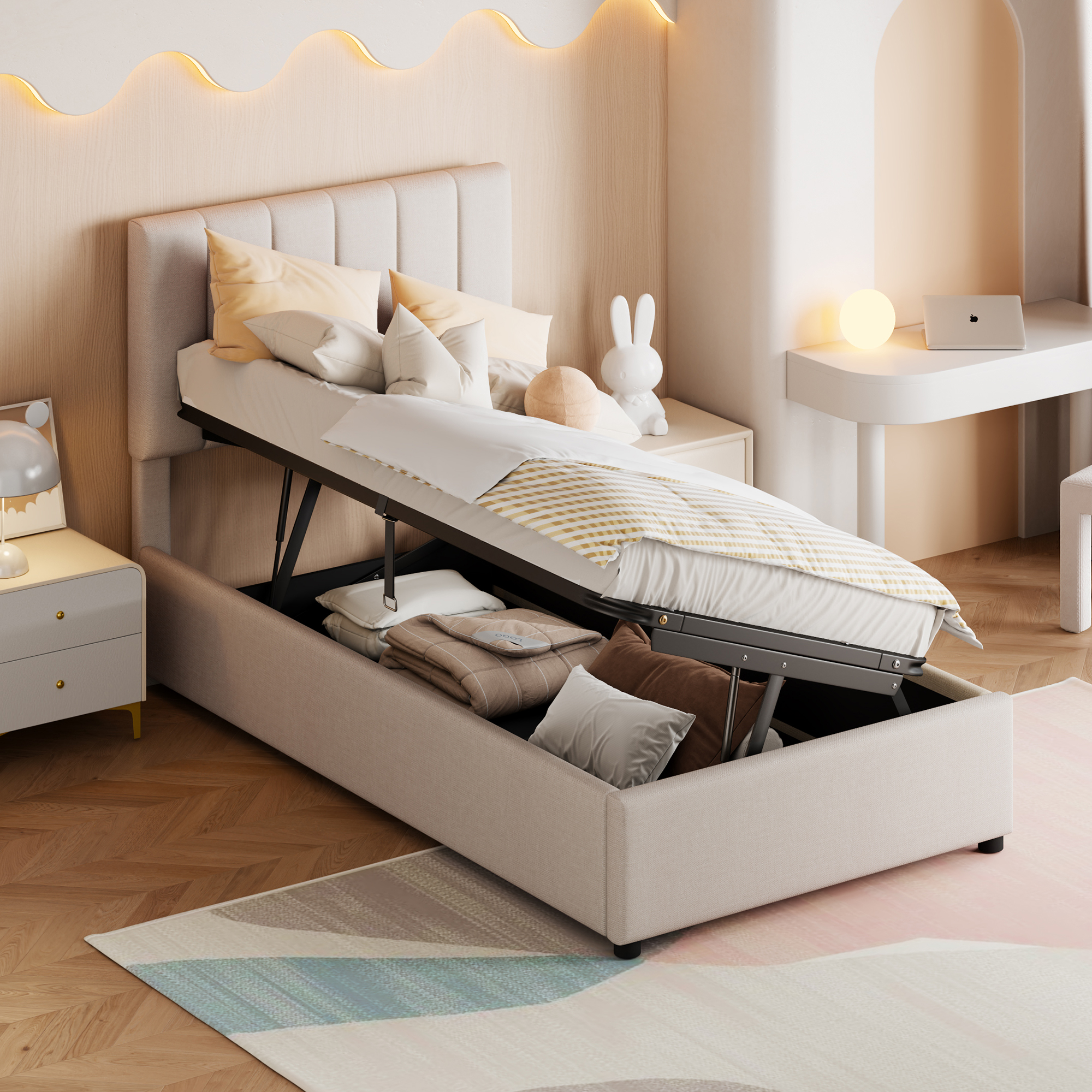 Children's Bed Upholstered Bed 90x200 Cm, Hydraulic Storage Bed, Skin-friendly Linen High Box Bed, Beige