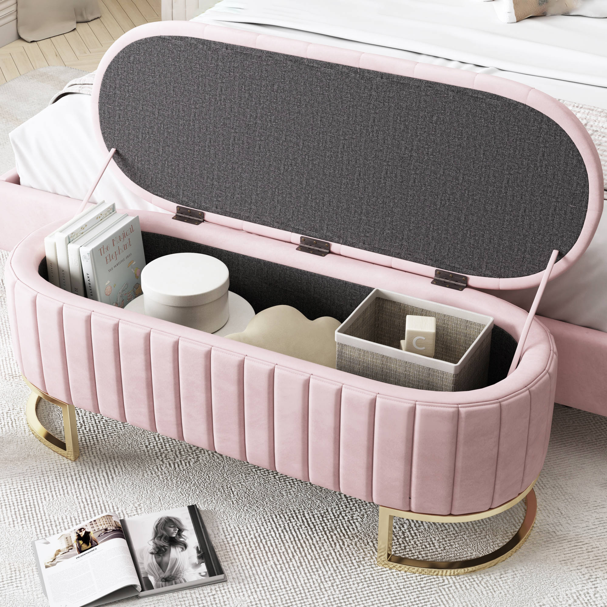 Storage Sleeping Case And Footstool 120 X 40 Cm, Upholstered Footstool With Storage Space, Sofa Bench Bench, Velvet Fabric Pink