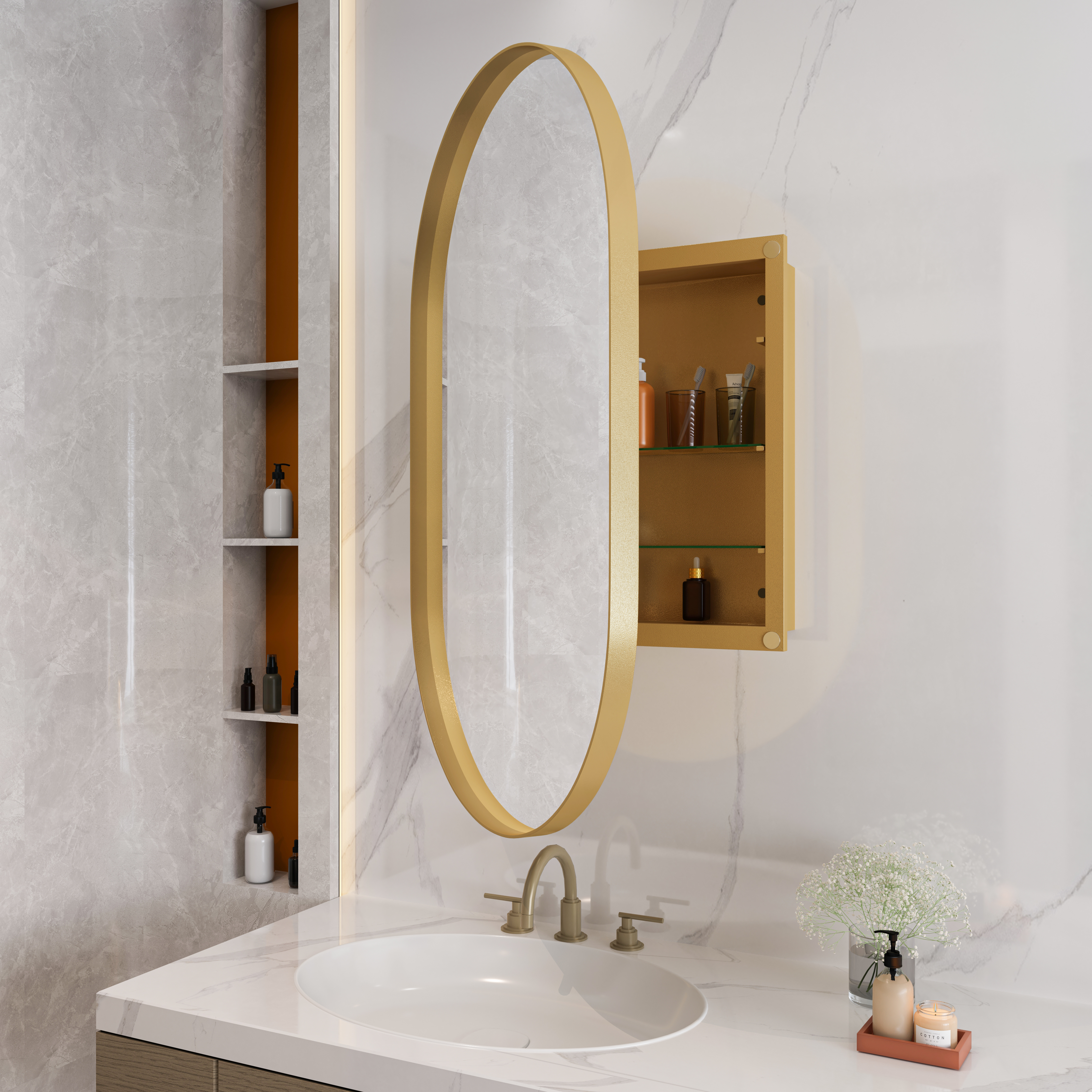 Stylish Oval Mirror Cabinet, Recessed Medicine Cabinet, Wall Cabinet With Metal Framed, Mirror And Adjustable Shelves, Mirror Cabinet With Storage For Bathroom, Living Room And Bedroom, Gold — foto 4