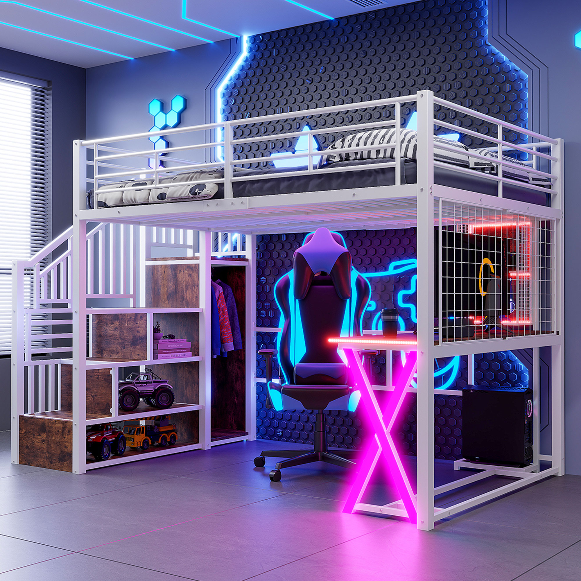 Loft Bed, 140x200cm, With LED Lights, Storage Ladder, Desk, Wardrobe, Shelves, Without Mattress, White