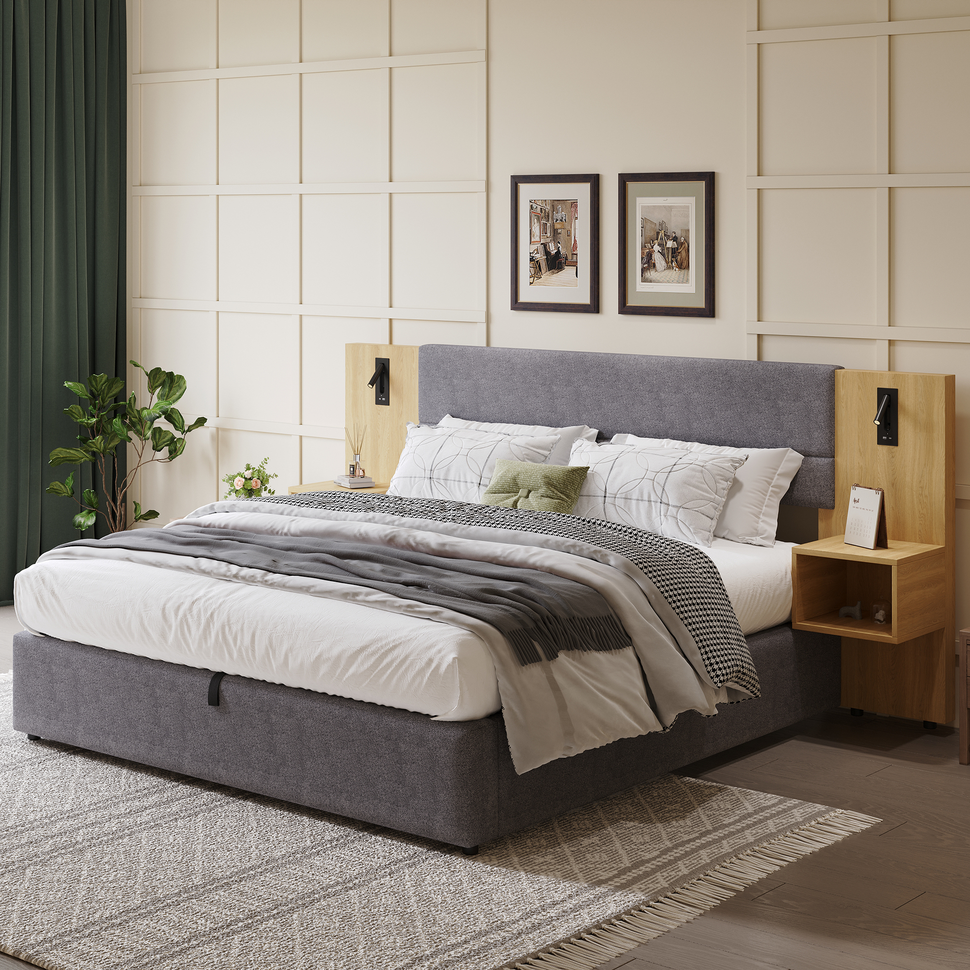 Upholstered Bed 180 X 200 Cm, Hydraulic Wide-eared Bed With USB Connection, With Lighting, Including Two Bedside Tables With Storage Space, Wooden Slatted Frame, Easy Construction, Velvet, Grey  Natu