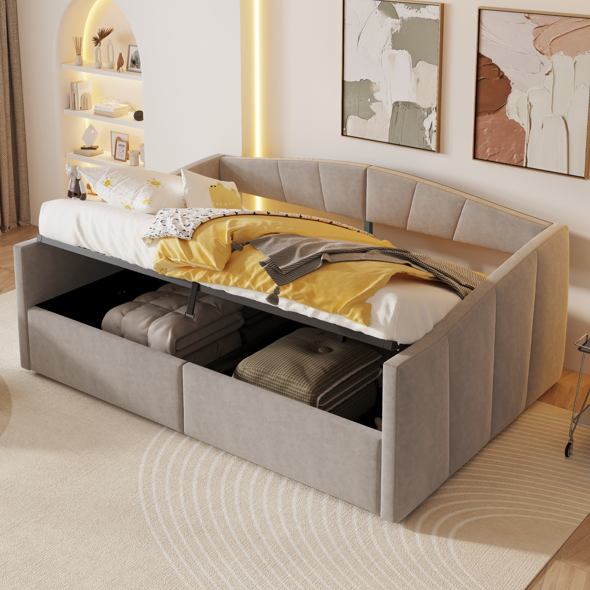 Upholstered Bed Sofa Bed 140x200 Cm, With Hydraulic Storage, With Slatted Base And Armrests, Classic Stripes, Versatile Double, Skin-Friendly Velvet Fabric, Light Grey