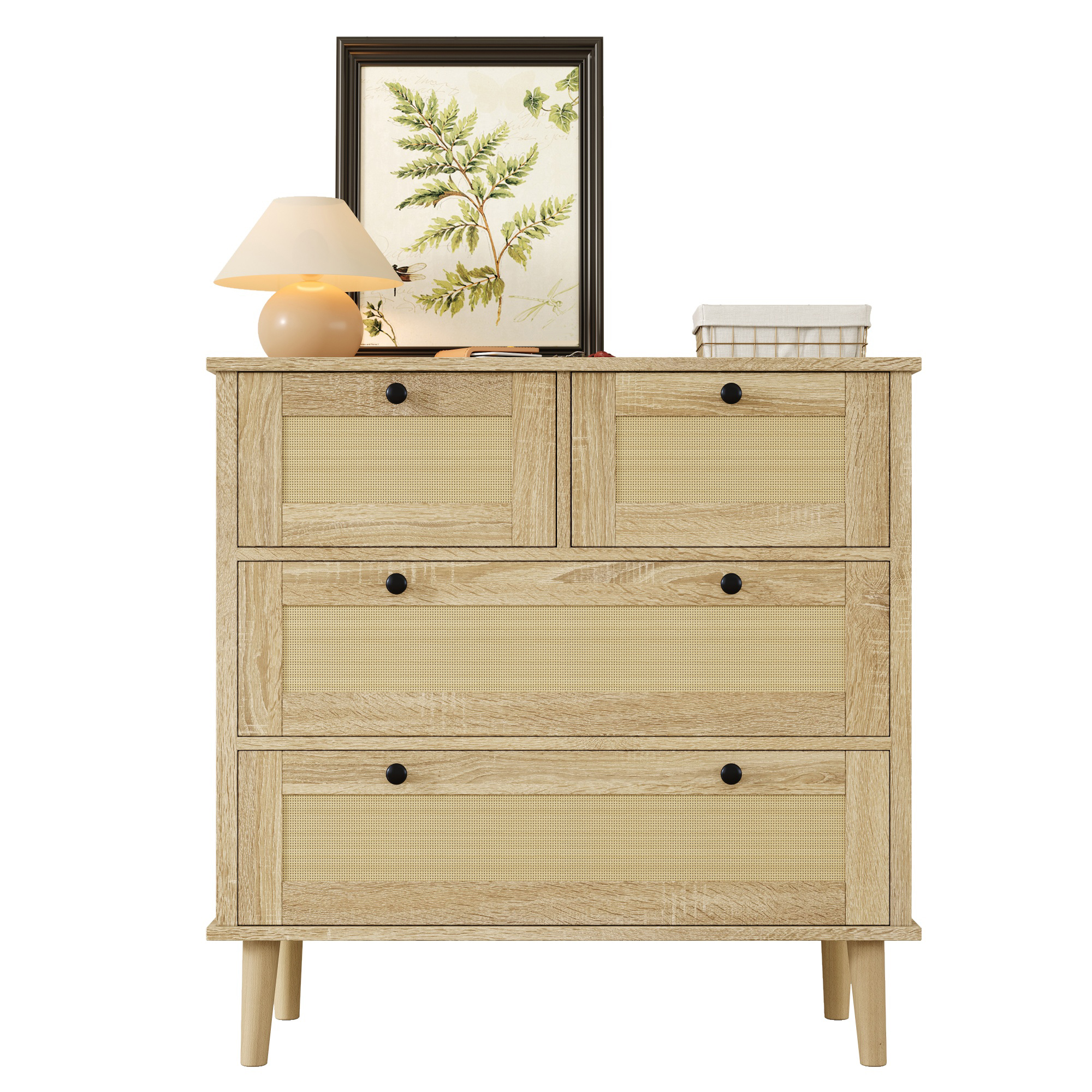 Chest Of Drawers With Four Drawers, Rattan Drawers, Storage Cabinet, Solid Wood Legs.