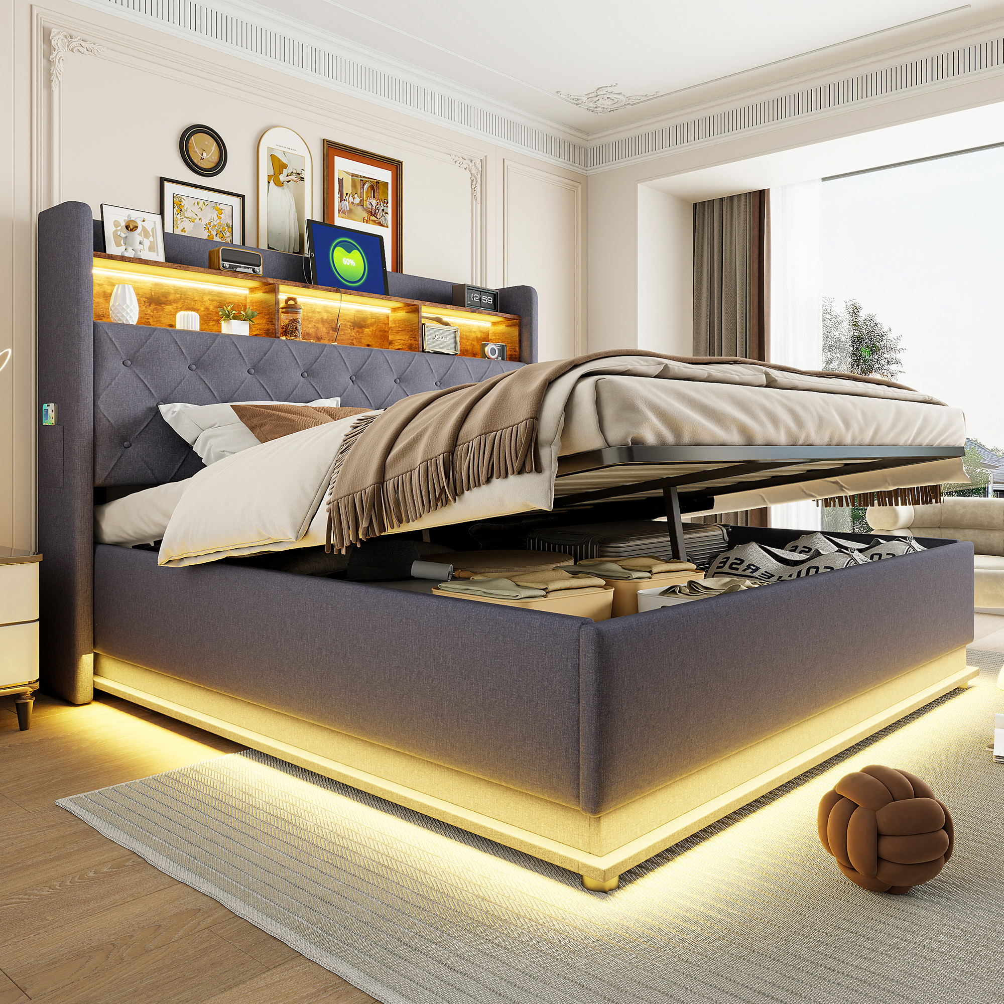 LED Upholstered Bed 180 X 200 Cm, Upholstered Storage Bed With USB Charging Port And Hydraulic Storage Space, Skin-friendly Linen Fabric, Grey