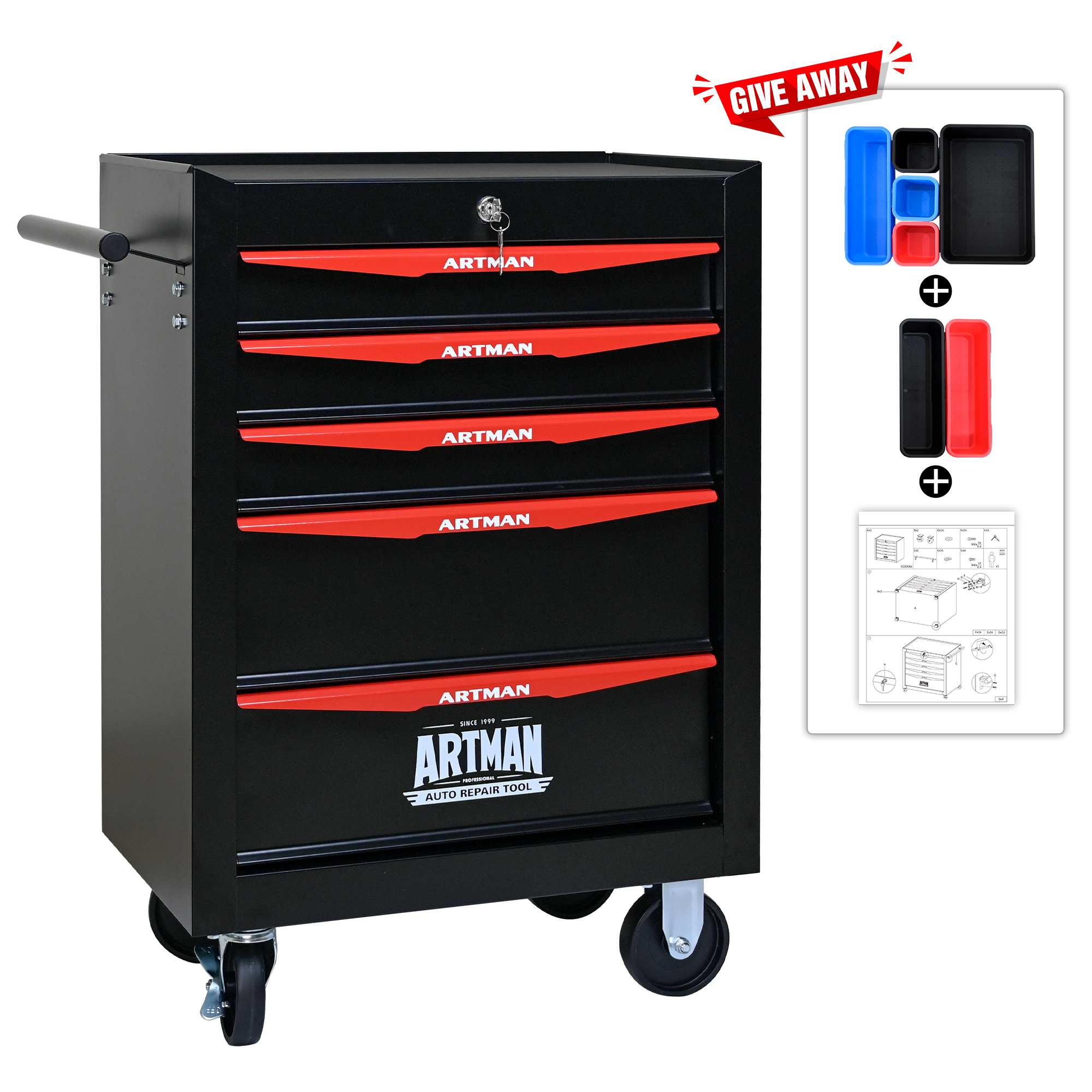 Rolling Metal Toolbox With 5 Drawers, 5 Shy Tool Cabinet With Ball Bearing Drawer Slides, Steel Tool Storage Box Organizer Black&Red 3