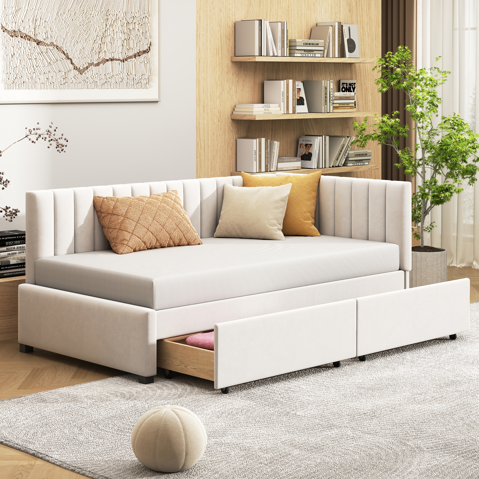 Upholstered Bed Sofa Bed 90x200 Multifunctional Bed With 2 Large Storage Drawers And Slatted Frame Skin-friendly Velvet Fabric Beige