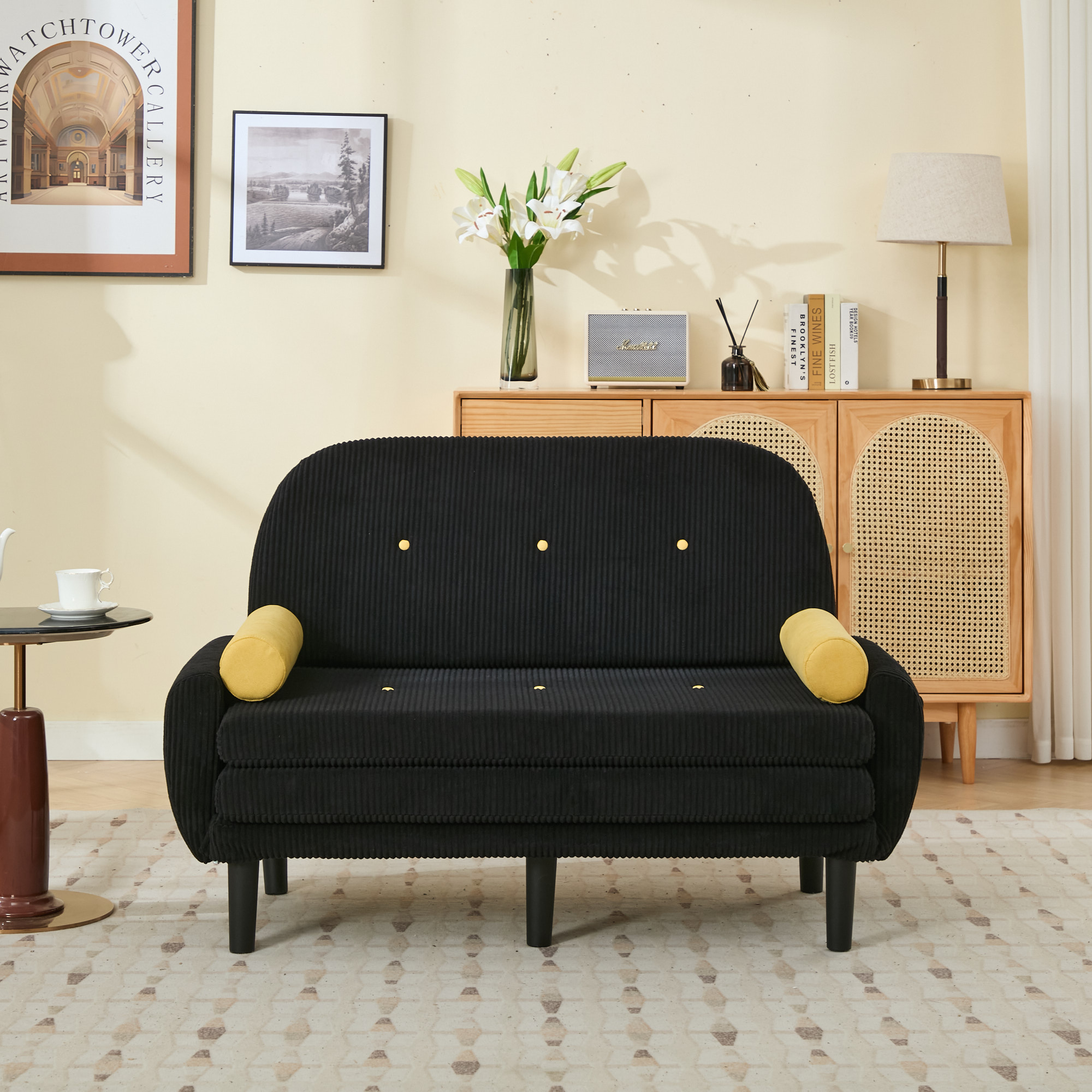 Black Corduroy Loveseat Sofa For The Living Room, As A Daybed And Recliner With Storage Space.