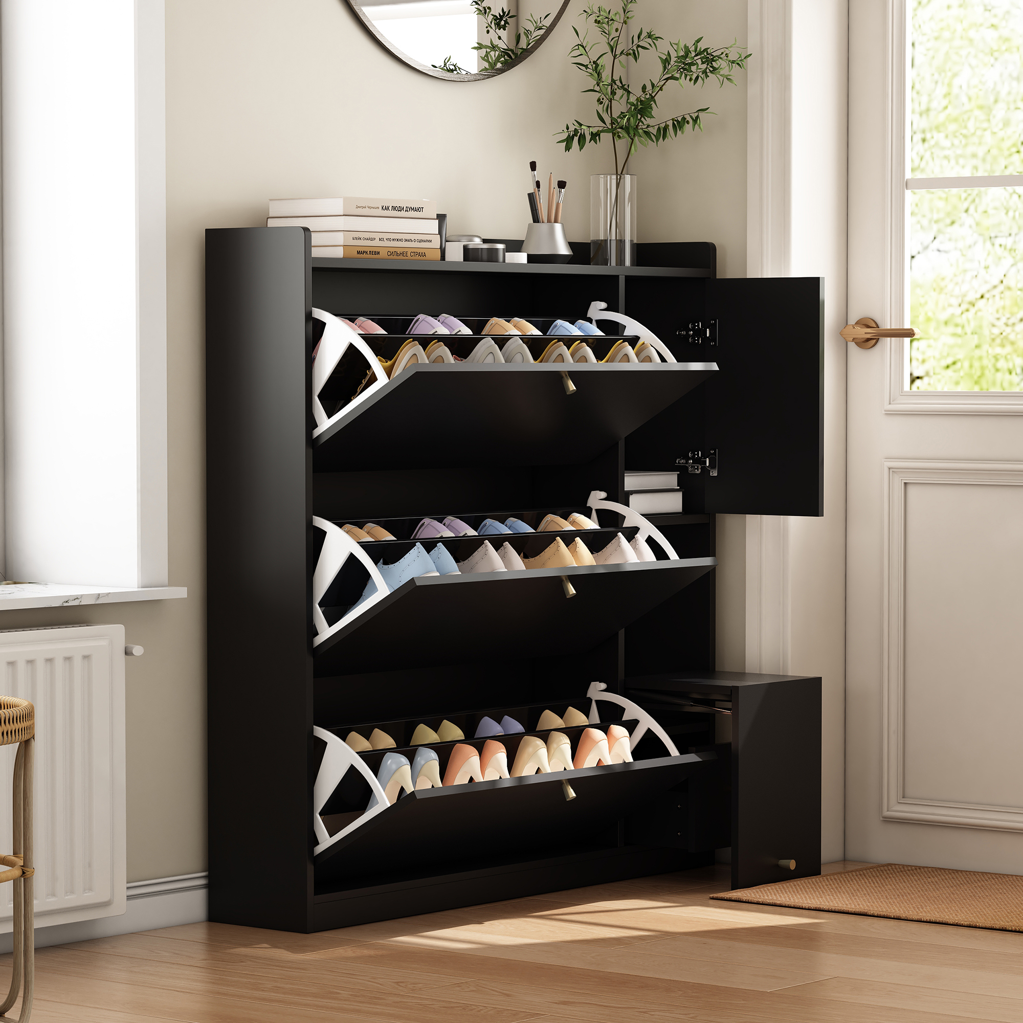 Armoire à chaussures inclinable polyvalente avec 3 tiroirs pliables, entrée de rangement