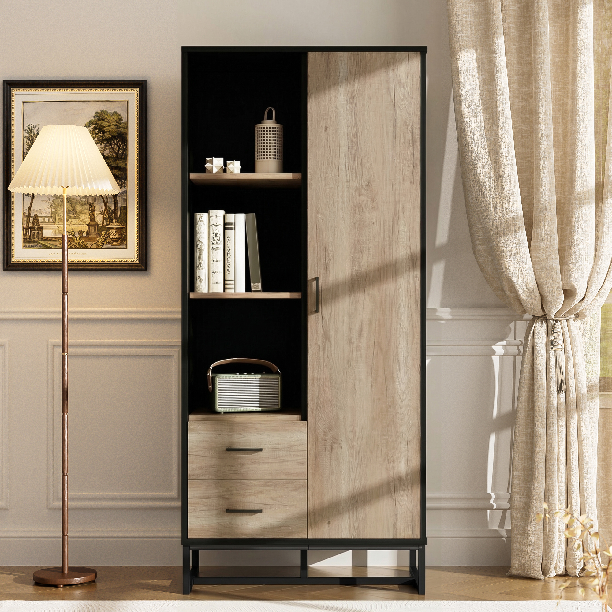 Modern Highboard Cabinet 80x40x180 Cm   Wood Look With Black Frame, With Door, 2 Drawers & 3 Open Compartments  Versatile Storage Space For Living Room, Office & Hallway