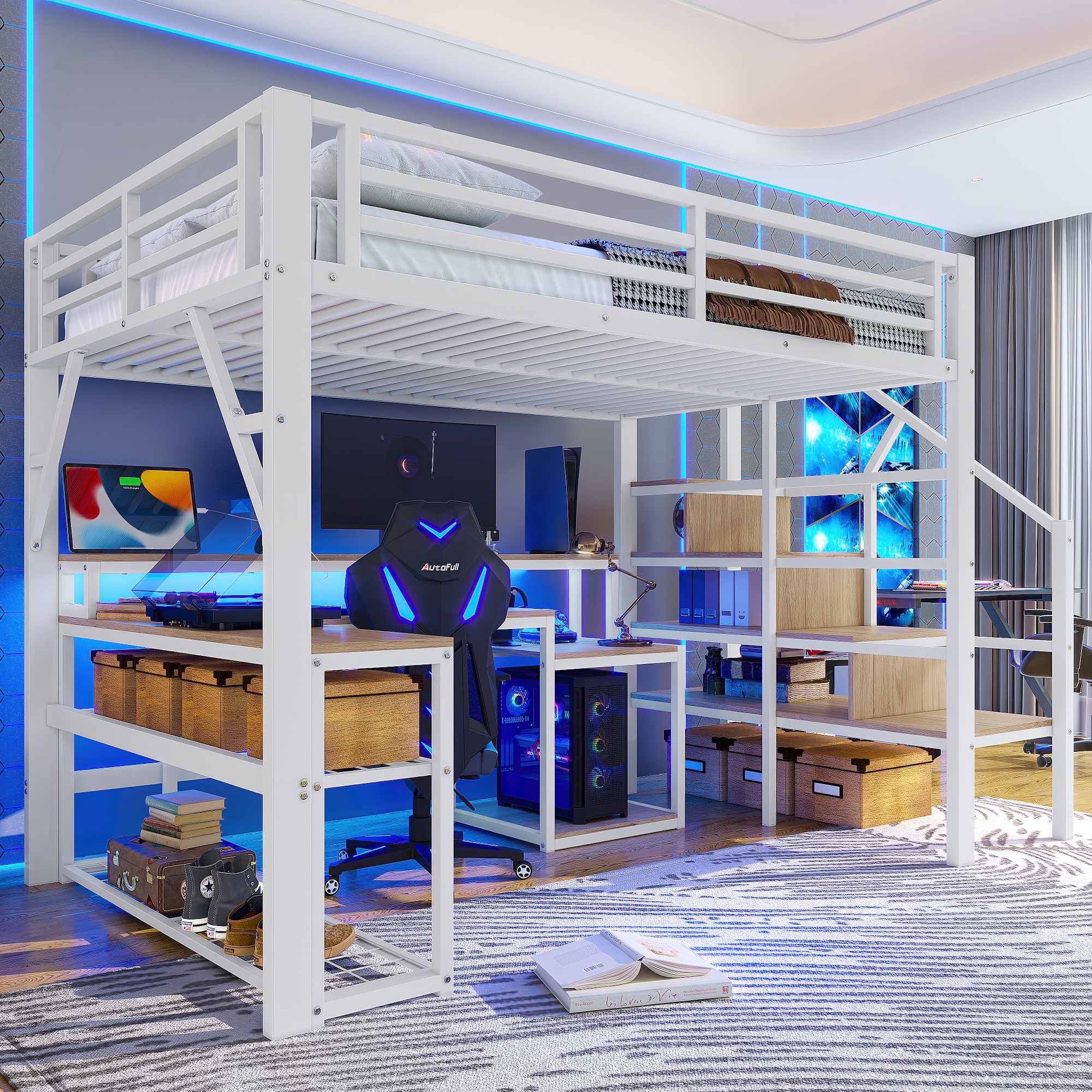 Loft Bed, 140 X 200 Cm, Iron Frame, Storage Compartment, Stair Constructions With Storage Space, Safety Railing, With LED Light Strip, Desk, With USB Port, Without Mattress, White