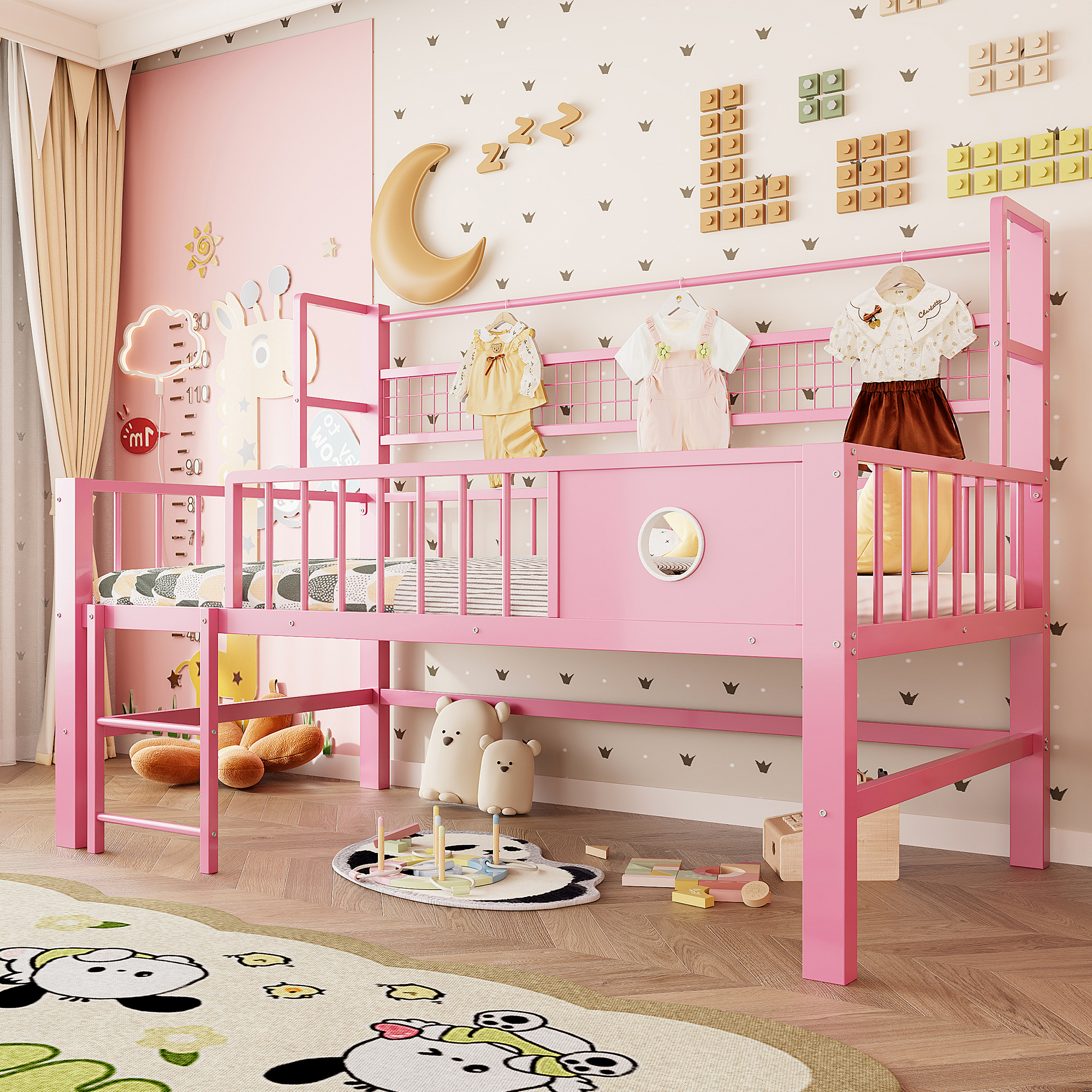 Children's Bed 90x200cm, Low Loft Bed With Metal Frame And Storage Compartments, Suitable For Children And Teenagers.Pink