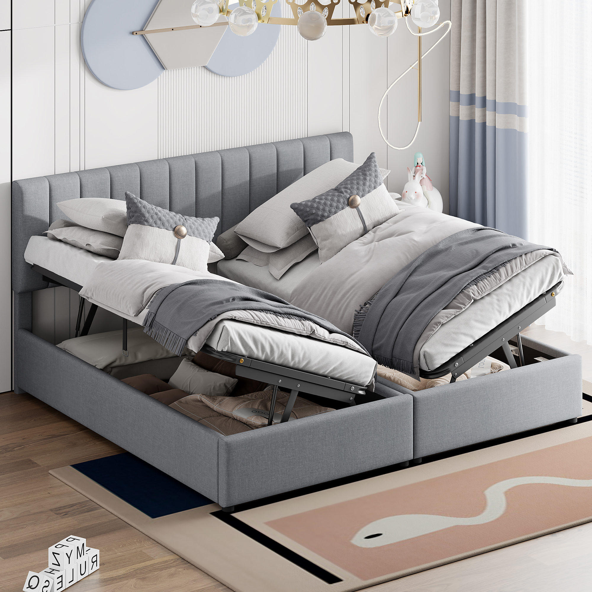 Upholstered Bed 180x200 Cm, Hydraulic Storage Bed, Skin-friendly Linen High Box Bed, Multifunctional Double Bed, Grey