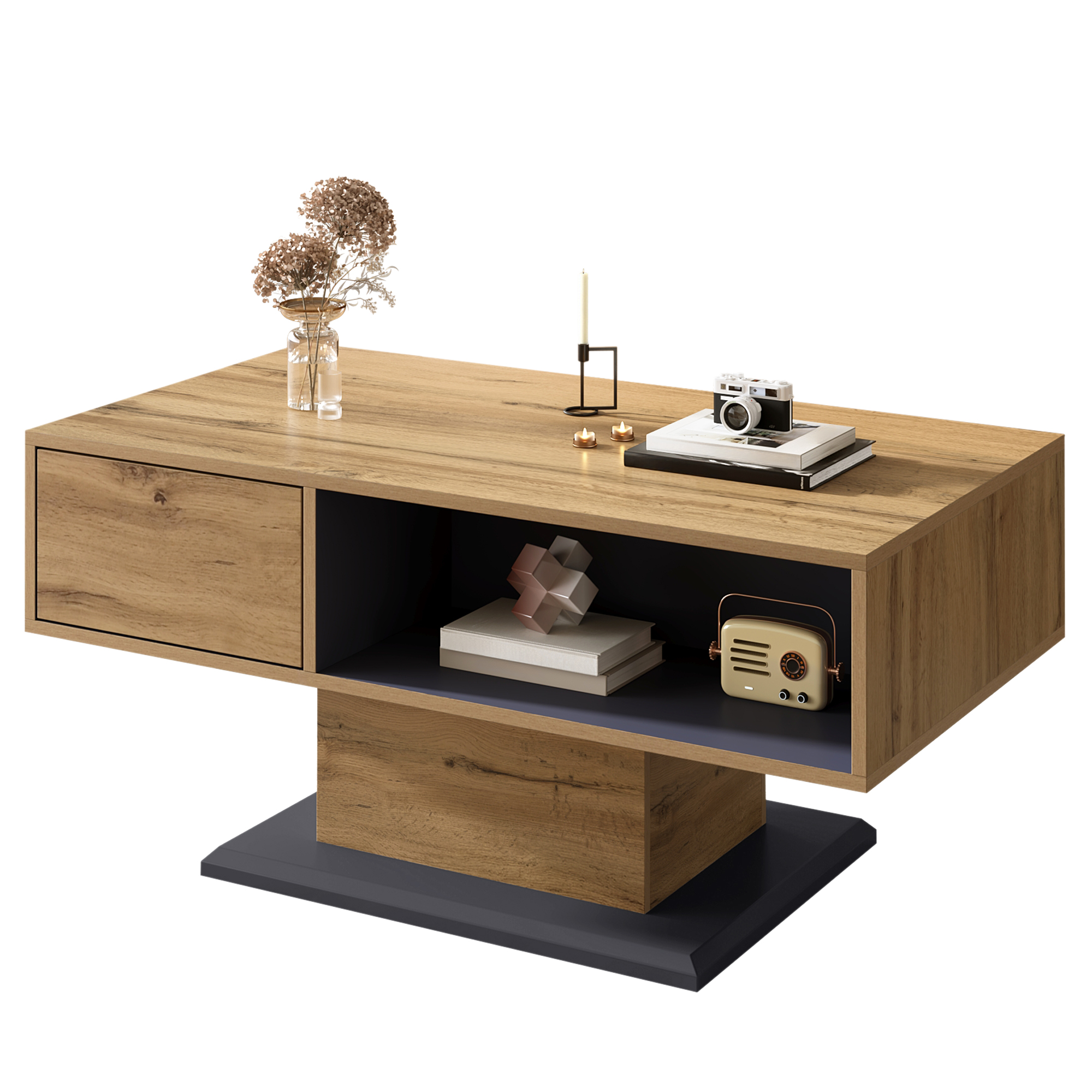 Modern Coffee Table With Double-sided Storage, Large Storage Compartment And Additional Inner Compartment  Versatile Living Room Table With Practical Organisation Design