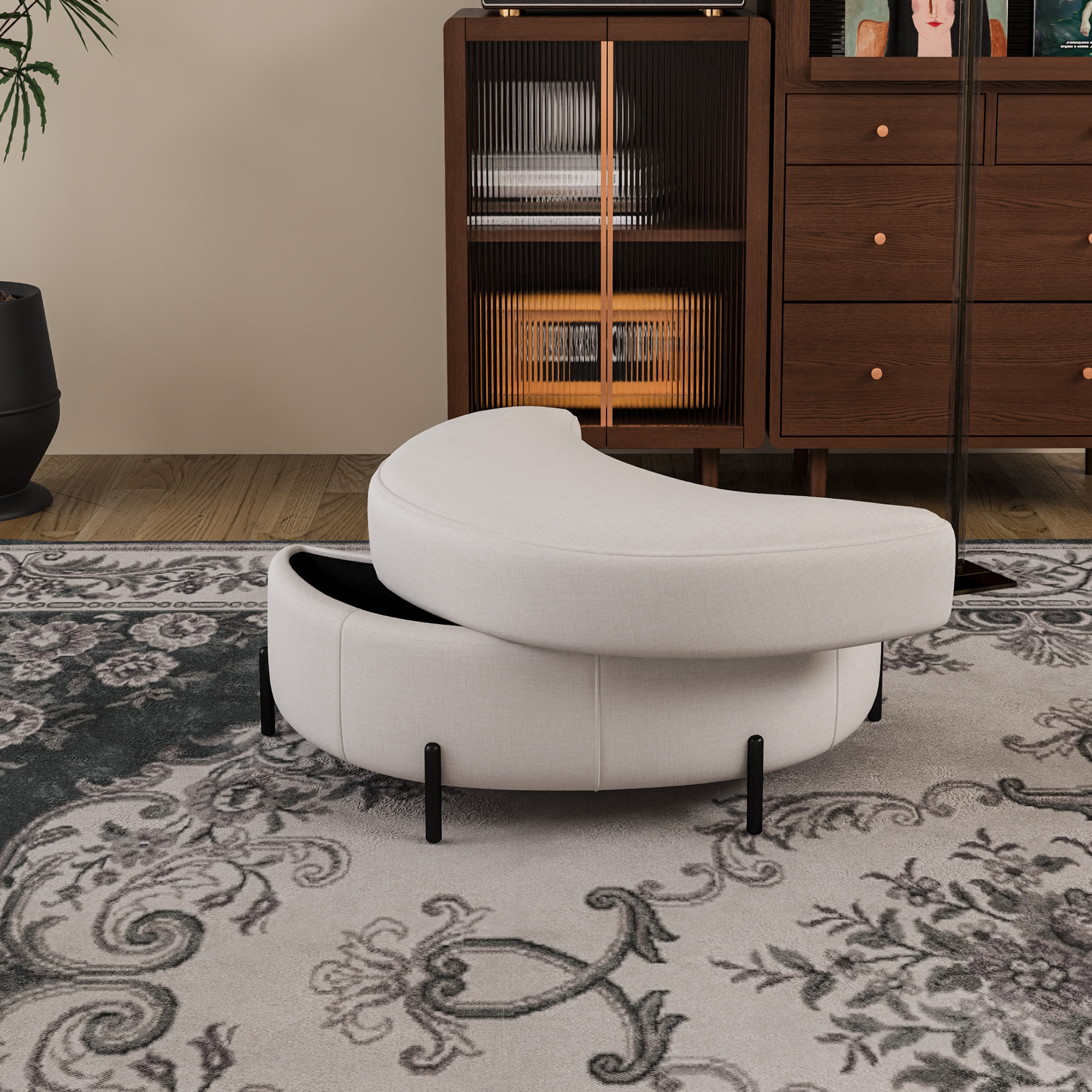 Chenille-covered Half-moon Storage Stool With Tray, Serves As A Side Table, Upholstered Seat, Dressing Room & Shoe Stool As Well As Footrest For Living Room, Entrance & Hallway, Beige