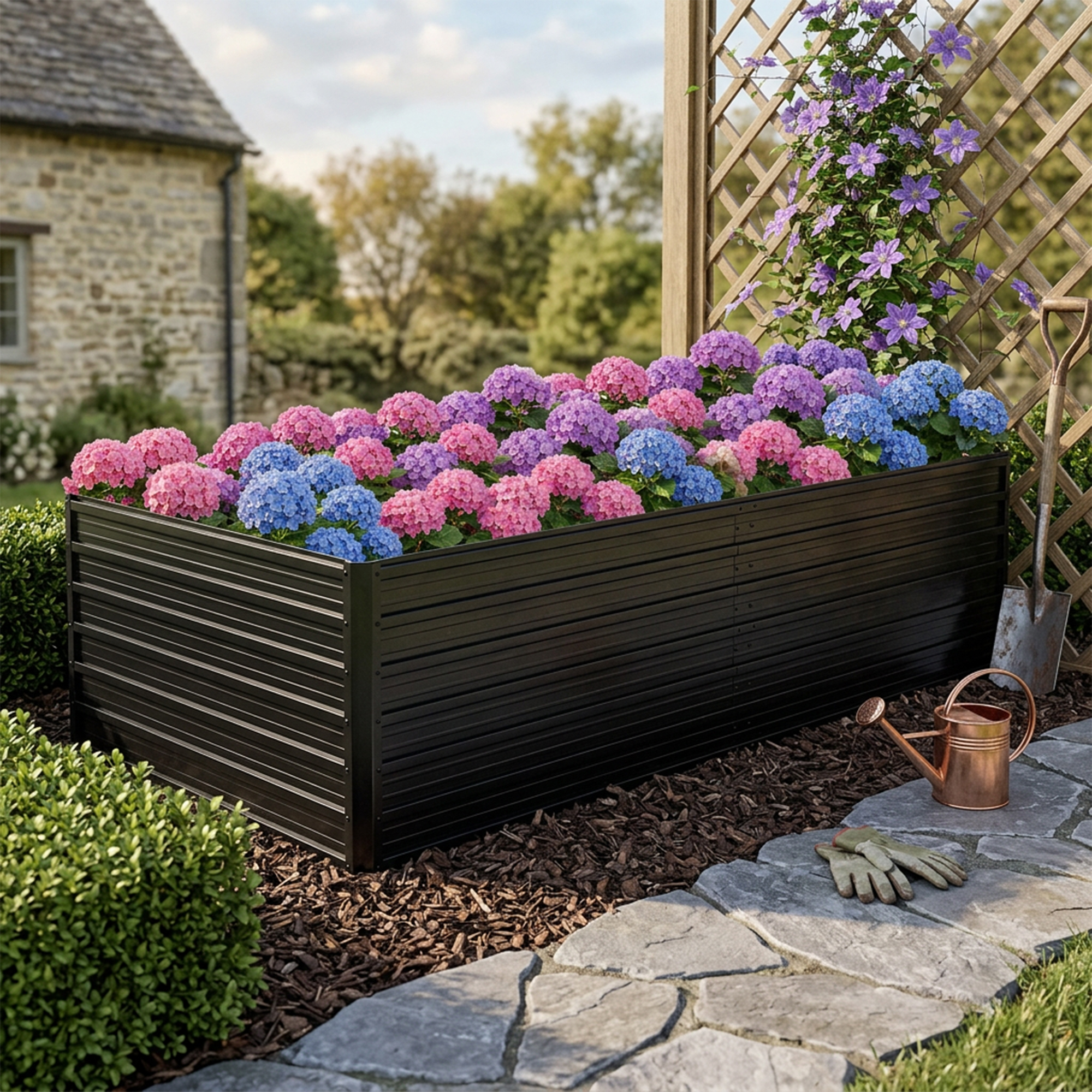 Large Metal Raised Garden Bed, 219x112X64cm Planter Box With Open Base, Heavy Duty Steel Flower Bed Kit, Weather & Rust Resistant For Vegetables Herbs Flowers Patio - Black
